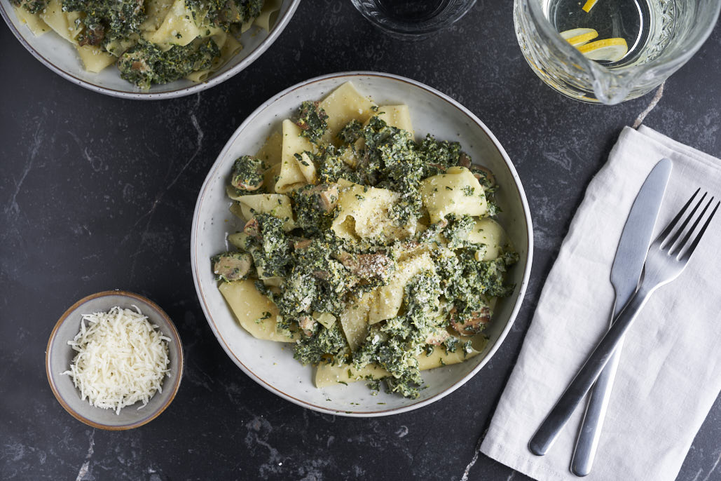 Open lasagne met paddenstoelen, spinazie en ricotta