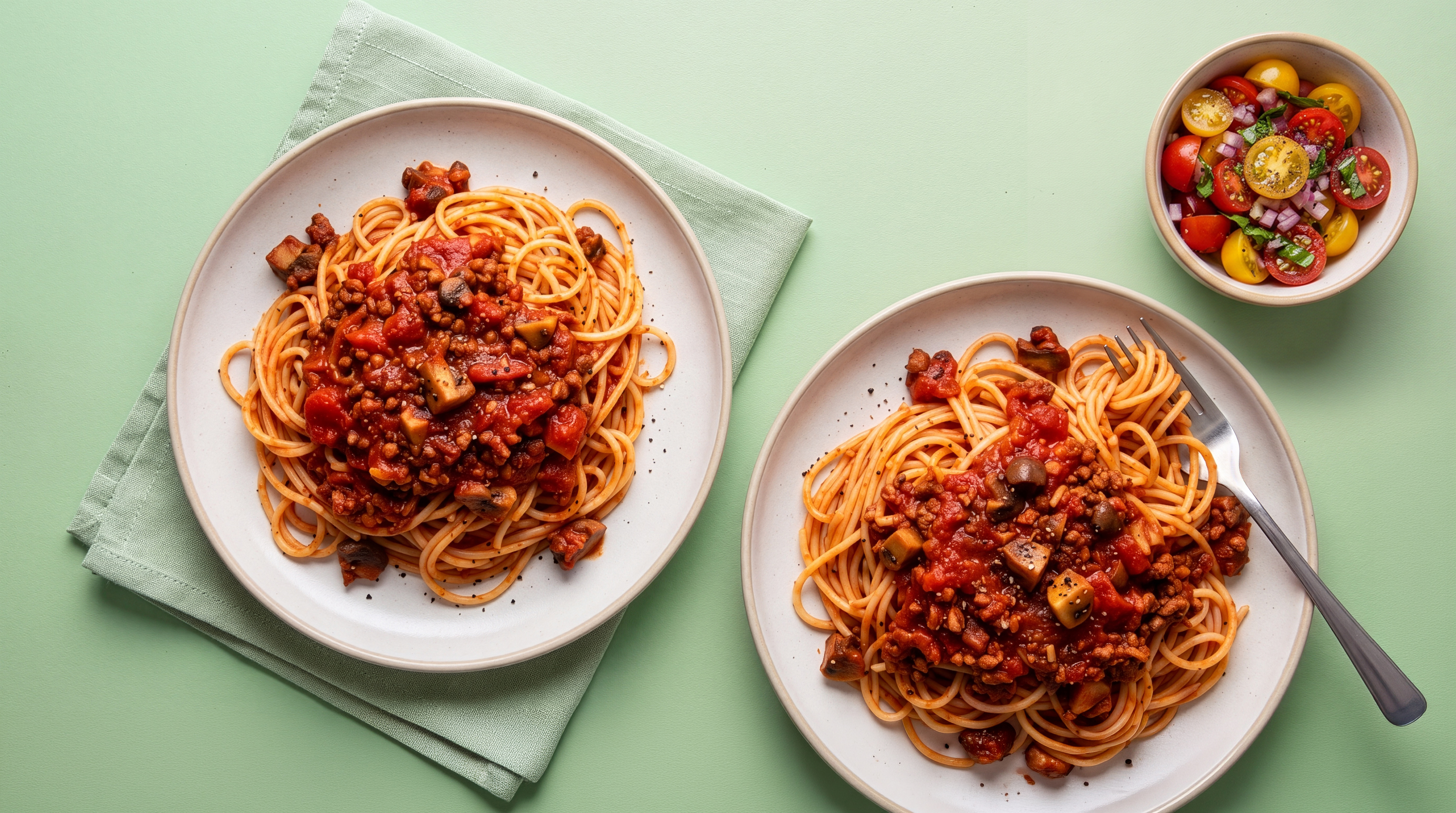 Pasta met vega gehakt en champignons in tomatensaus 