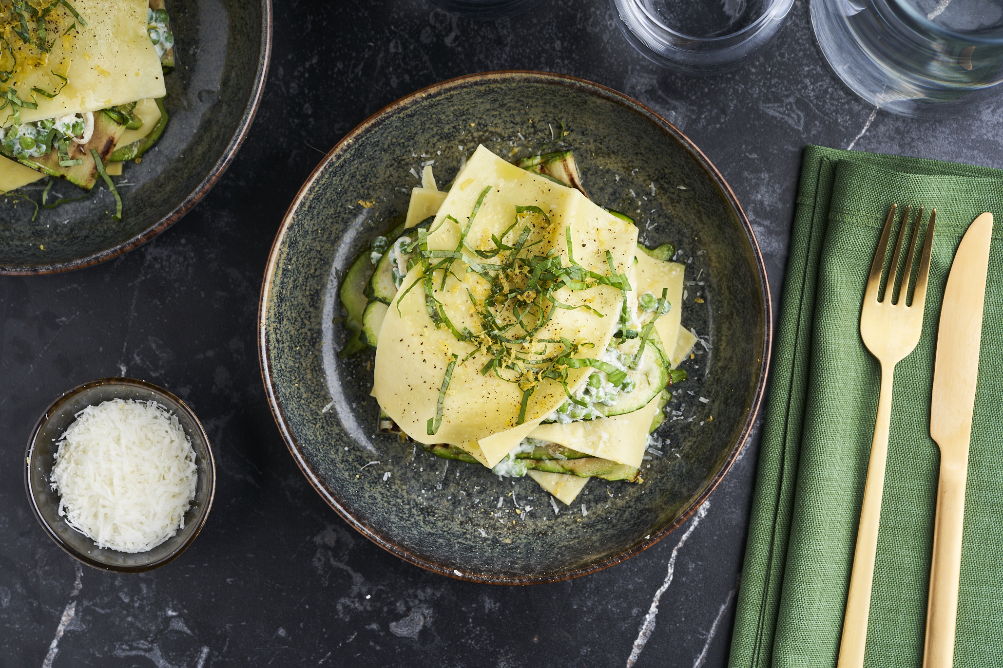 Open lasagne met doperwten en pecorino