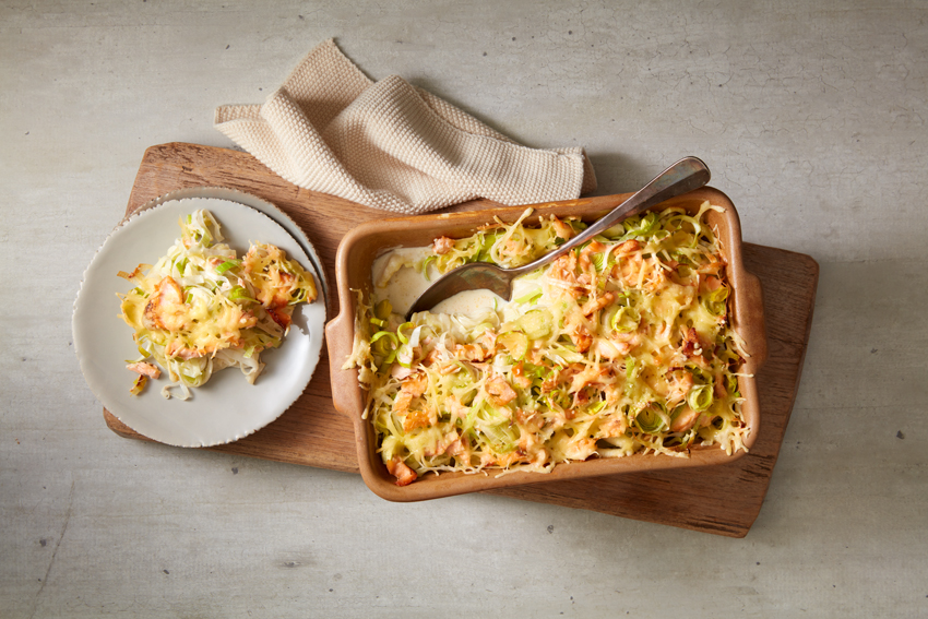 Prei en zalmschotel uit de oven | Recepten | PLUS