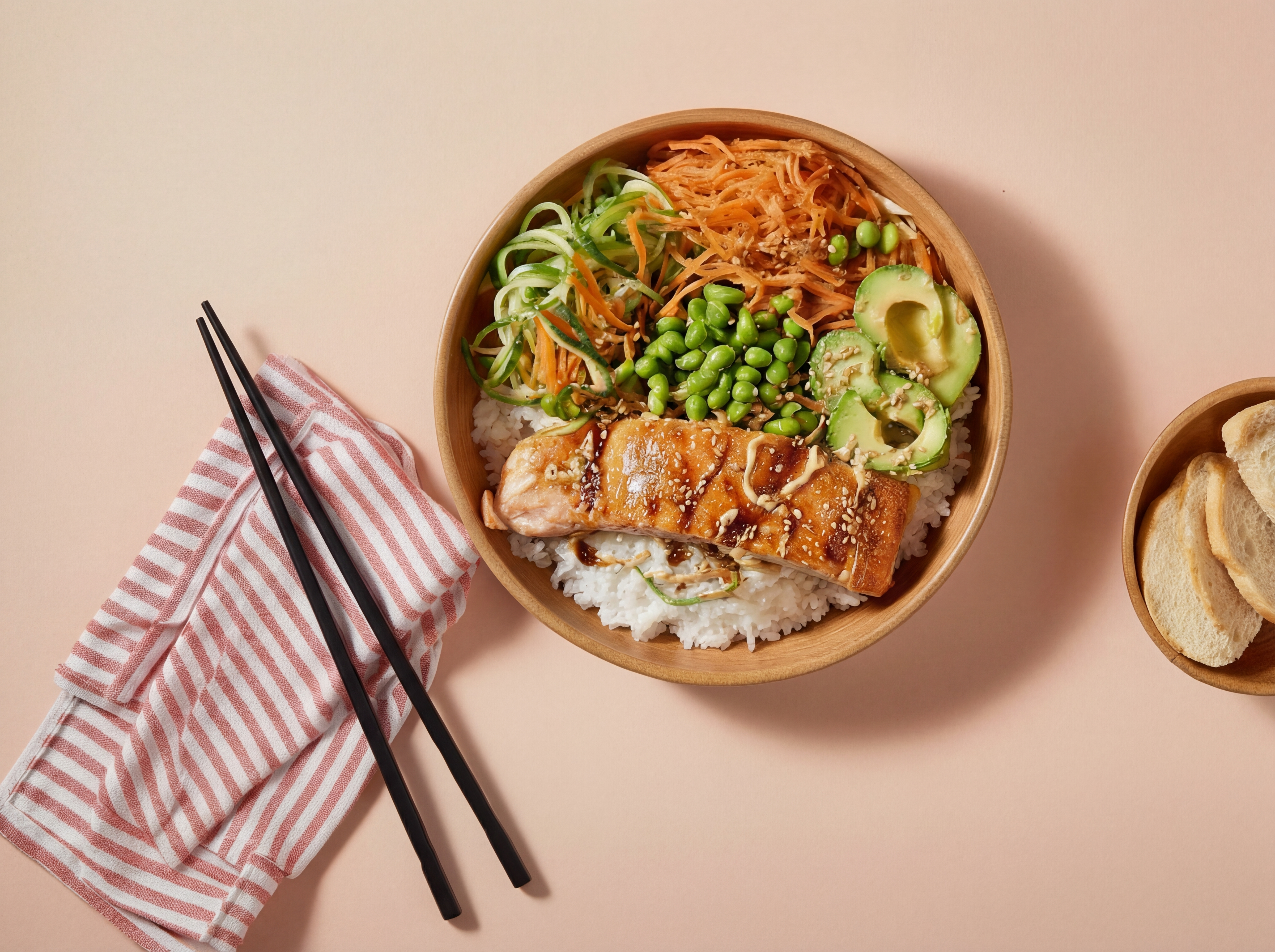 Poké bowl met krokante zalm en srirachamayonaise