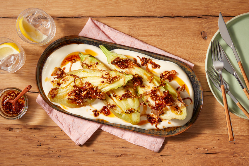 Gepofte aubergine met een snelle chili olie