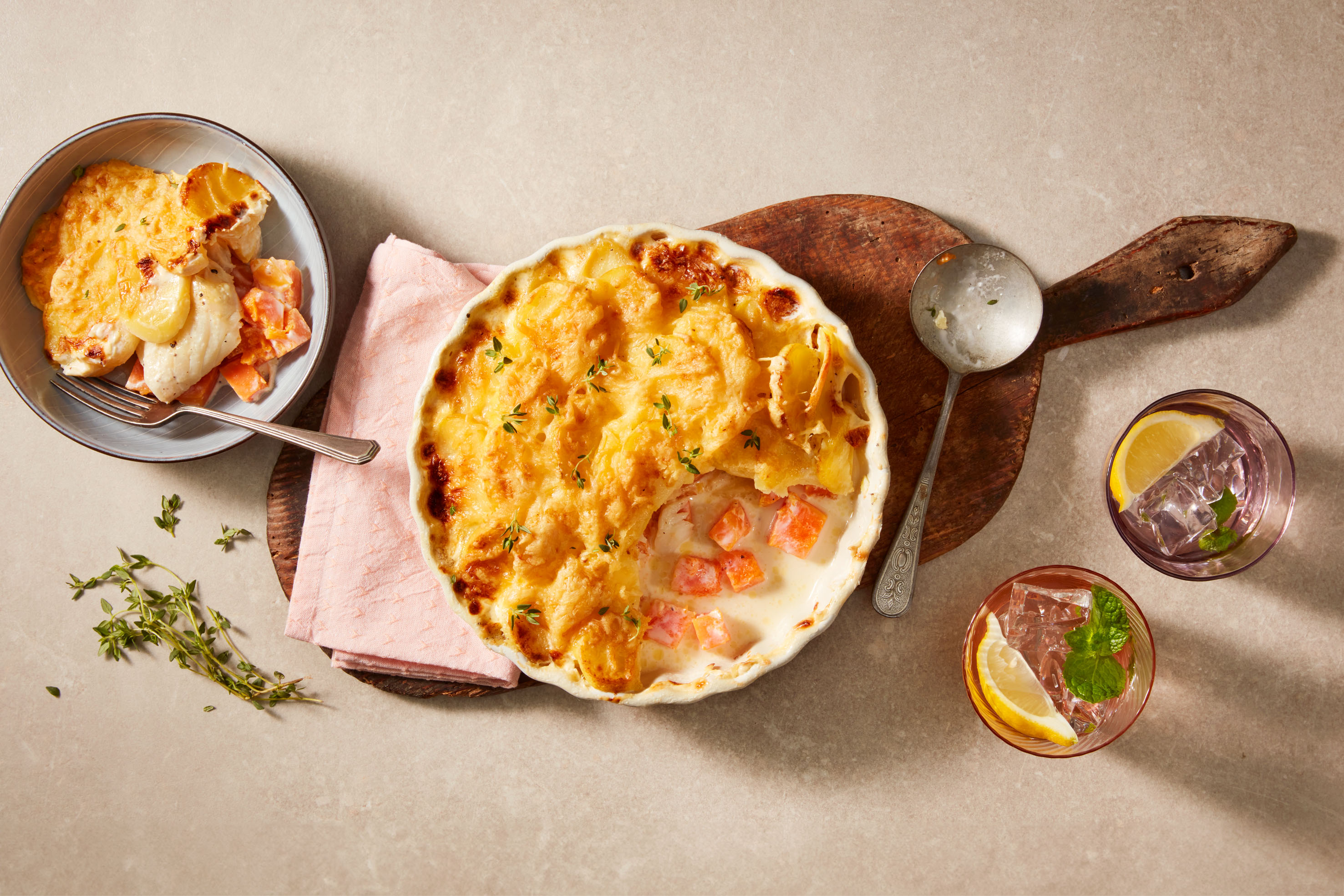 Aardappel pompoengratin met kabeljauw