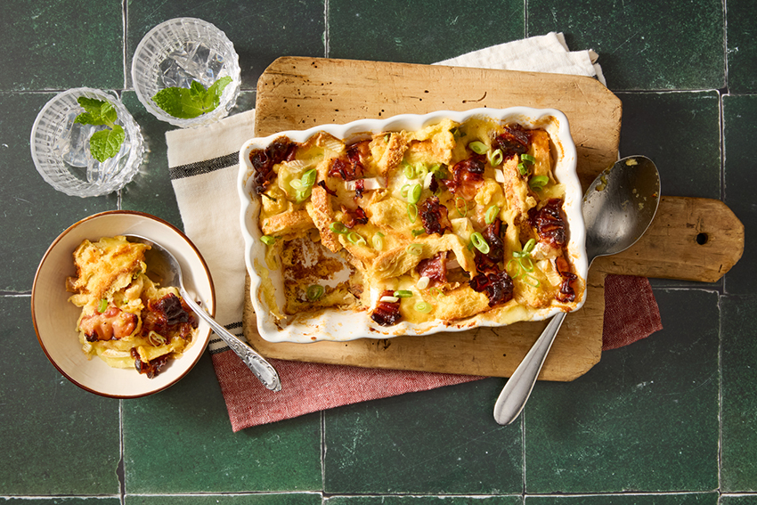 Broodpudding met bacon en brie