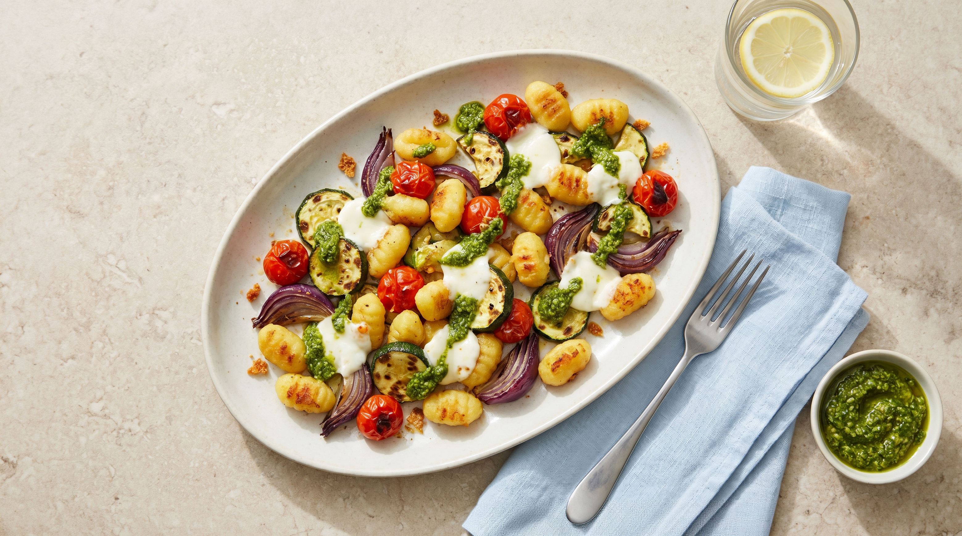 Gnocchi traybake met zomergroenten en romige mozzarella