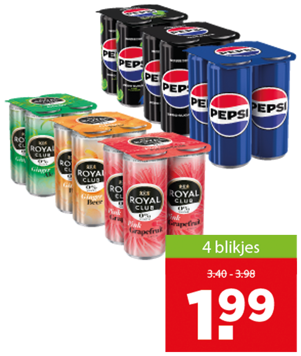 Pepsi en Royal Club. 4 blikjes voor 1.99