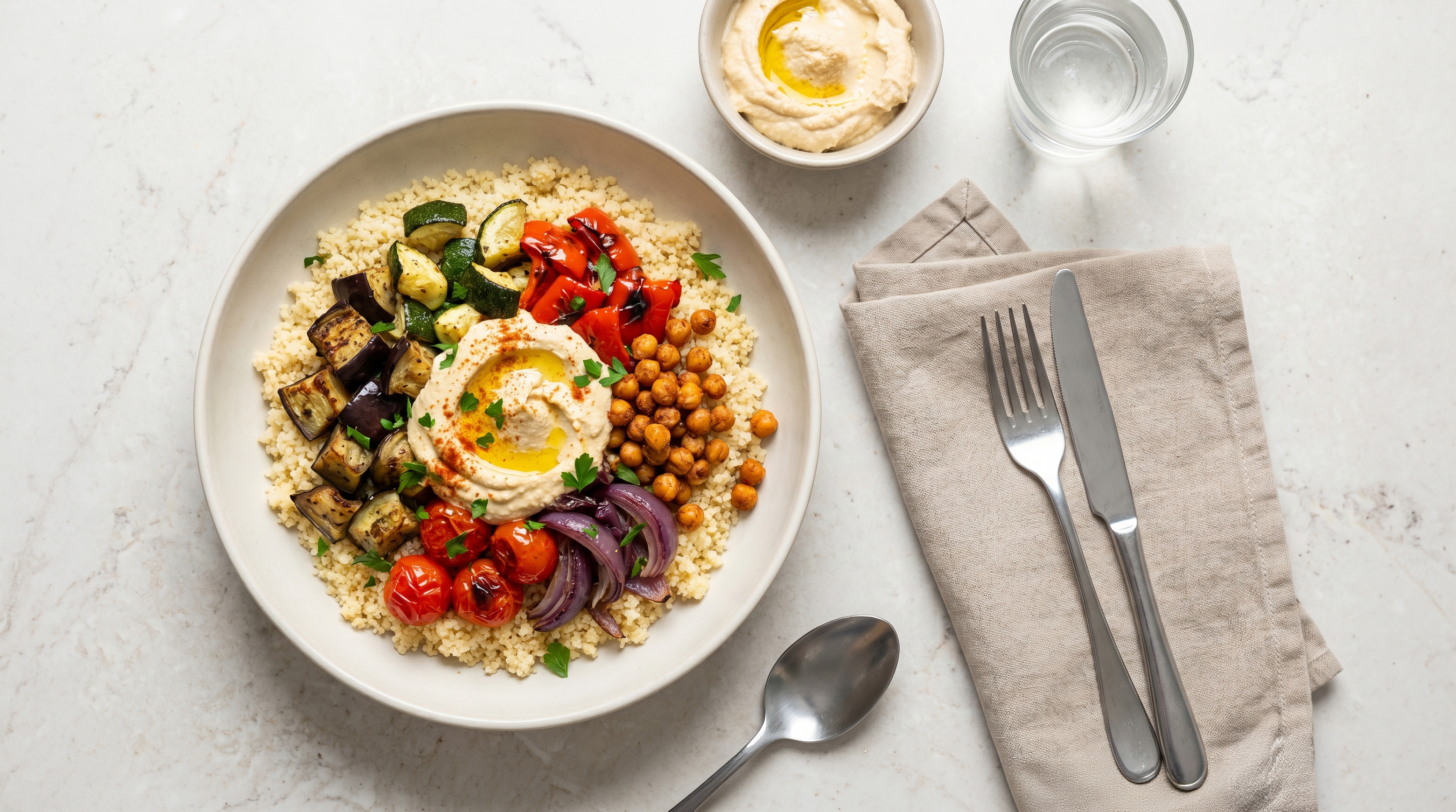 Couscousbowl met geblakerde groenten en hummus