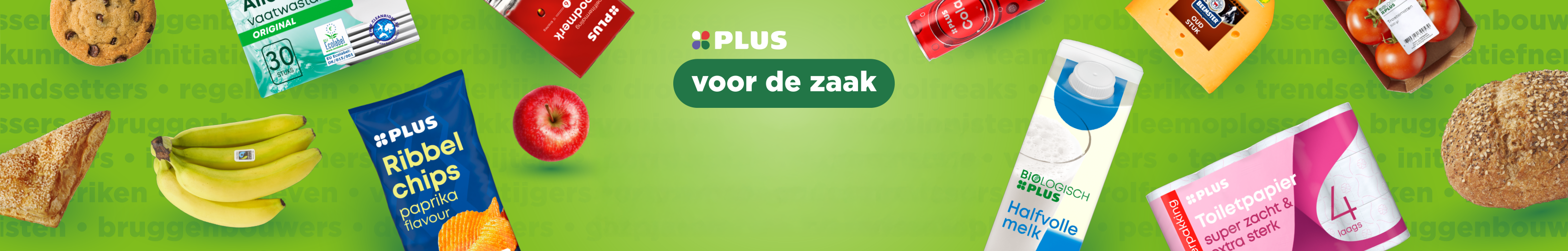 PLUS zakelijke boodschappen voor een lekkere werkdag, zoals o.a. fruit, melk, toiletpapier en snacks.