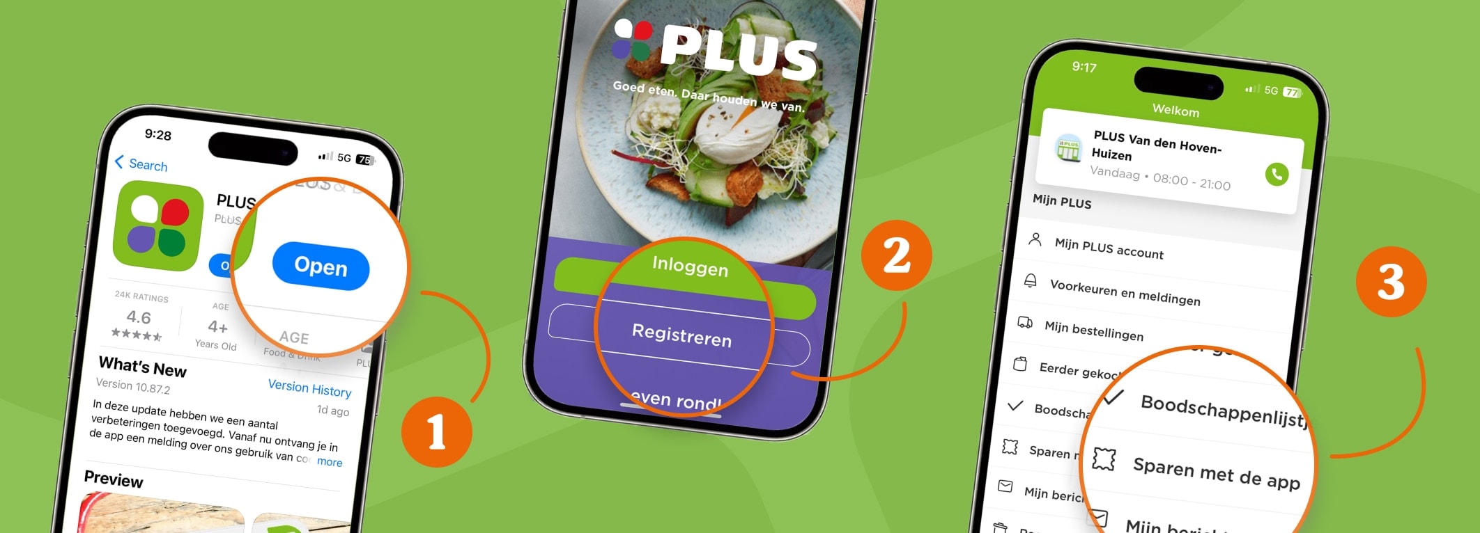 Stap 1, 2 en 3 van sparen met de PLUS app visueel uitgelegd.