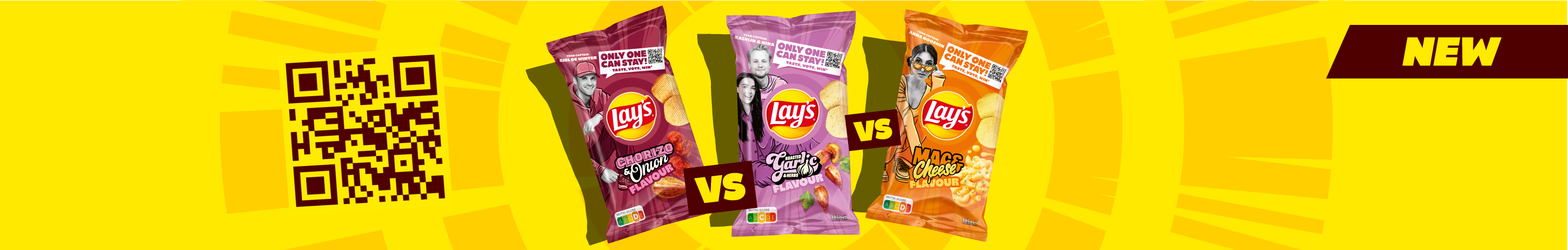 De drie nieuwe smaken van Lays: chorizo onion, garlic en mac & cheese.