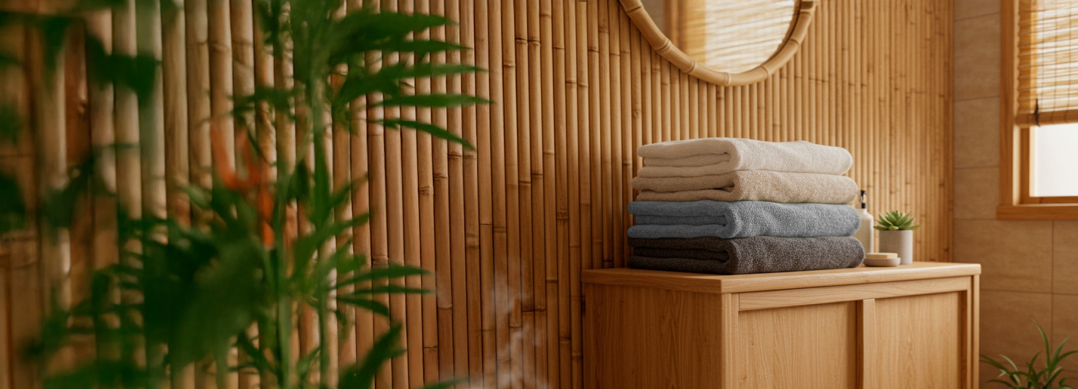 Spa-setting met houten kast waarop Everyday Luxury handdoeken van PLUS liggen.