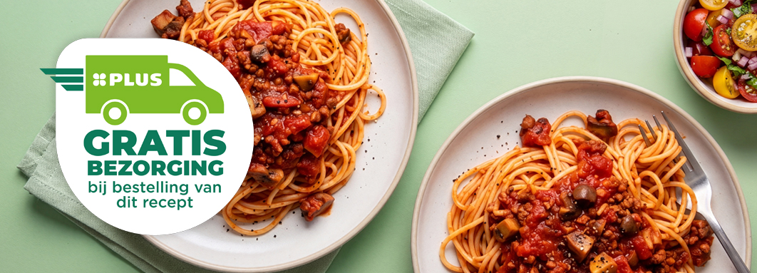 Gratis bezorging bij aankoop van de ingrediënten van het Beter Bikken Recept Pasta met vega gehakt en champignons in tomatensaus.
