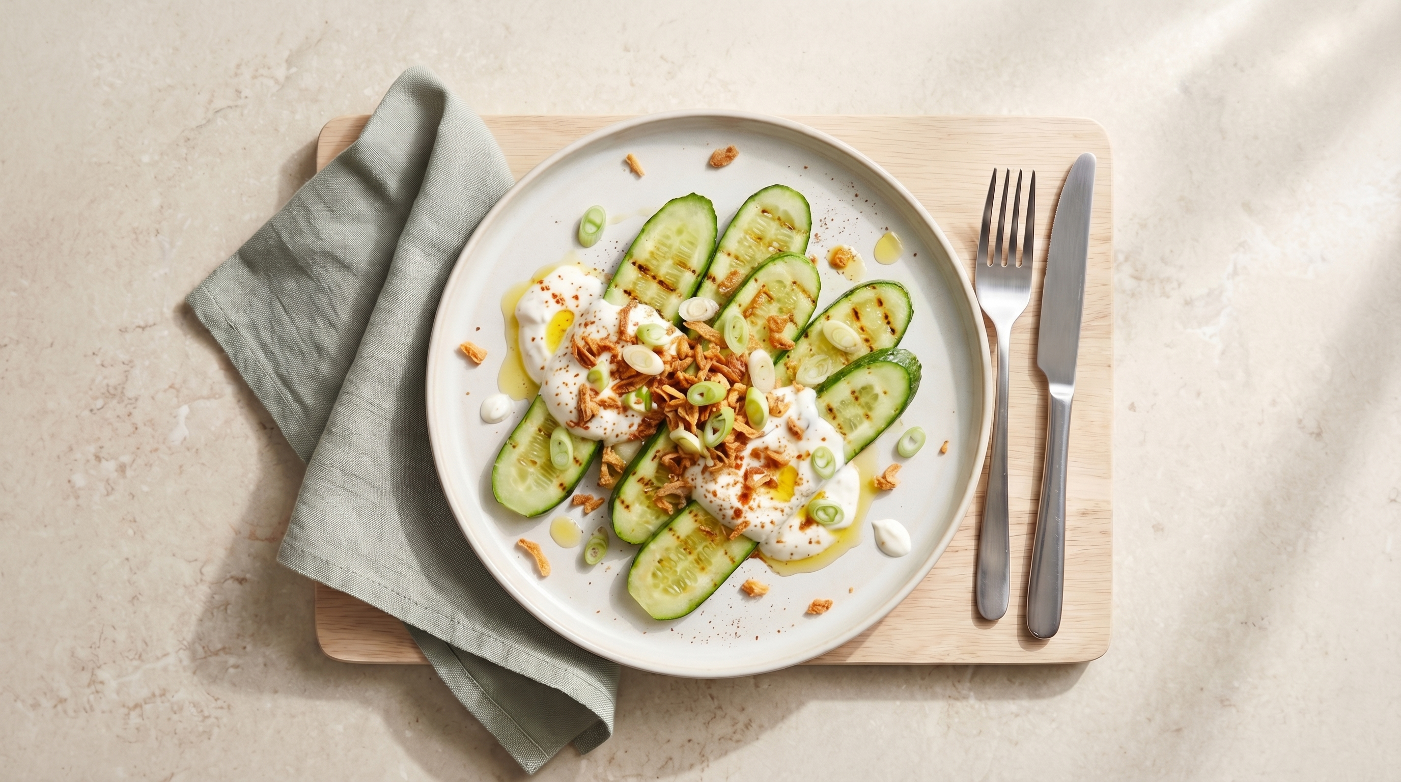 Gegrilde komkommer met 'gerookte' yoghurt en krokante uitjes