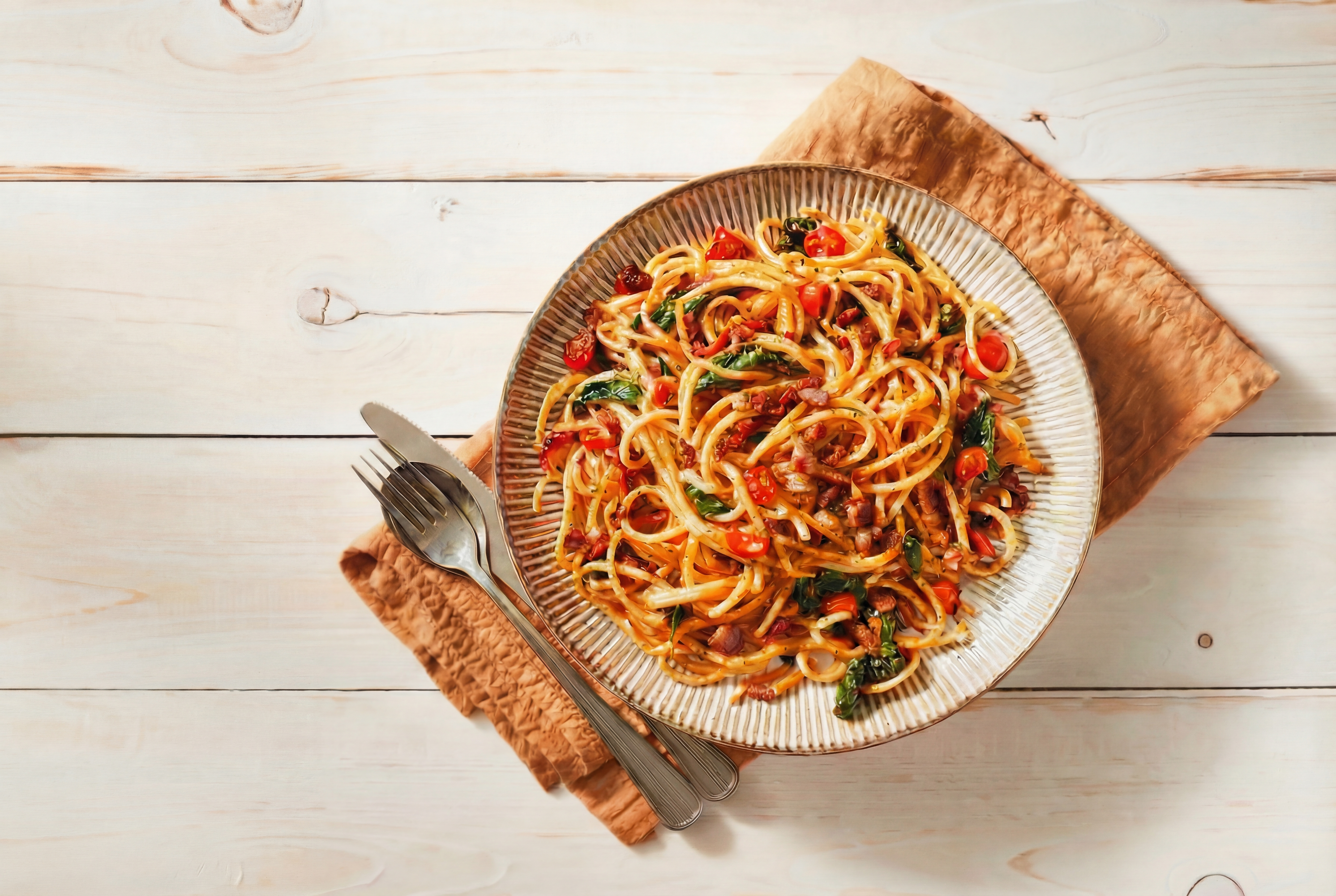 Vegetarische pasta carbonara met plantaardige spekjes en spinazie