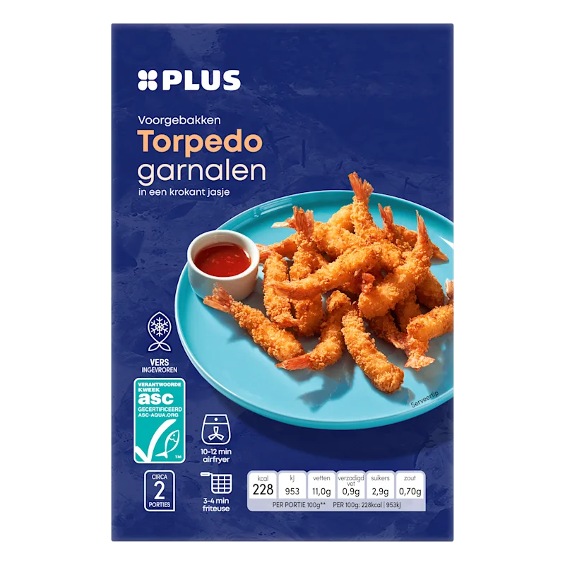 PLUS Voorgebakken torpedo garnalen
