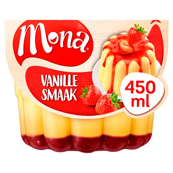 Mona Vanillepudding met aardbeiensaus