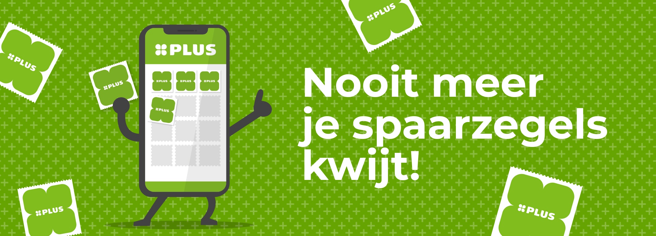 Smartphone PLUS-logo en armpjes en beentjes, met zegels.