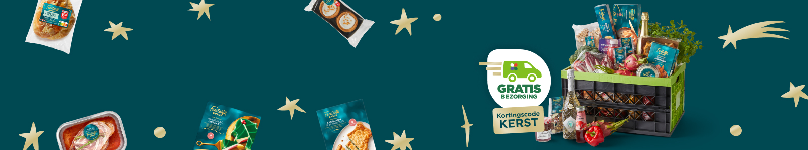 Krat met kerstboodschappen en GRATIS thuisbezorgd kortingscode.