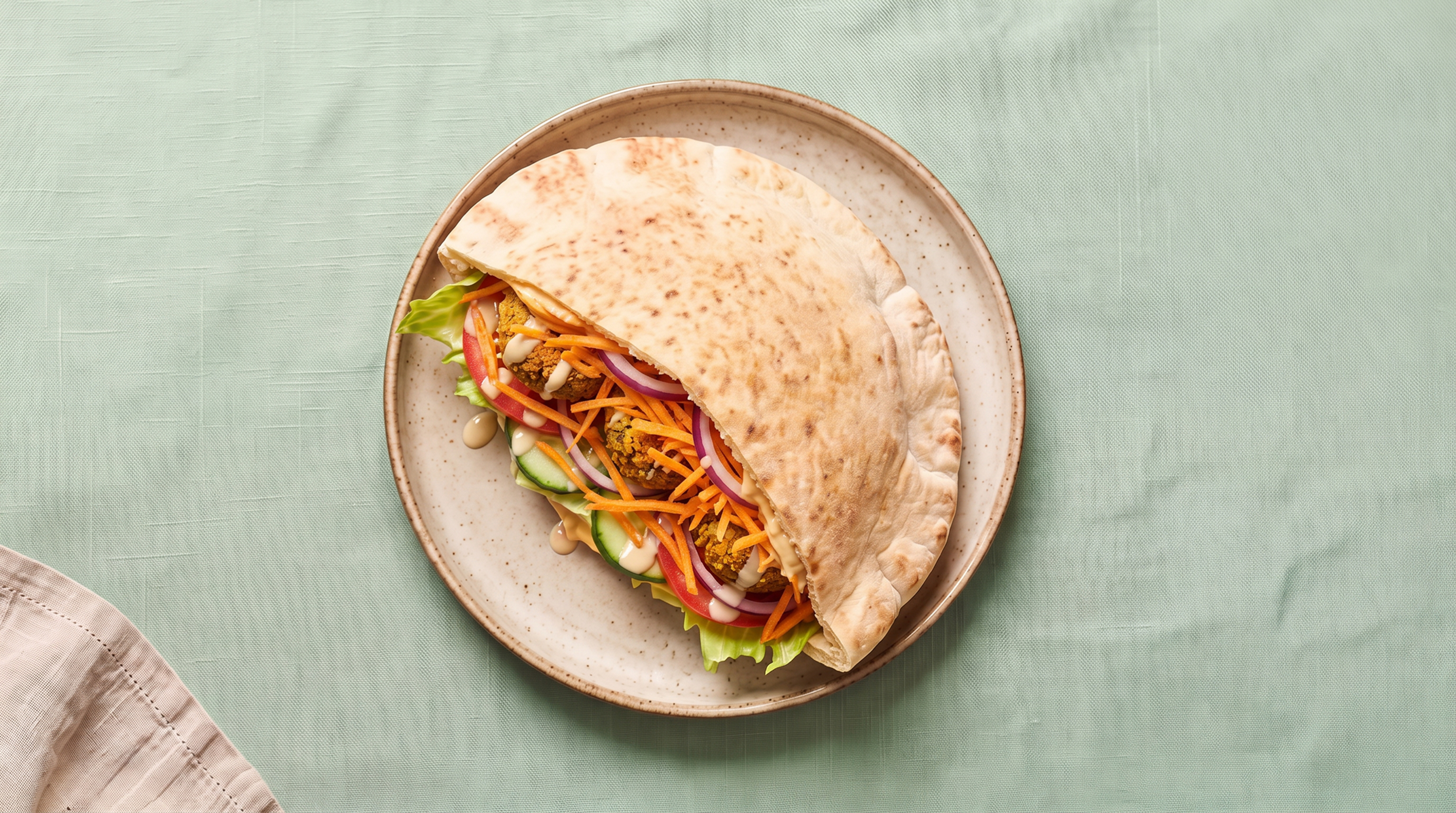 Pita falafel met hummus en rode ui 