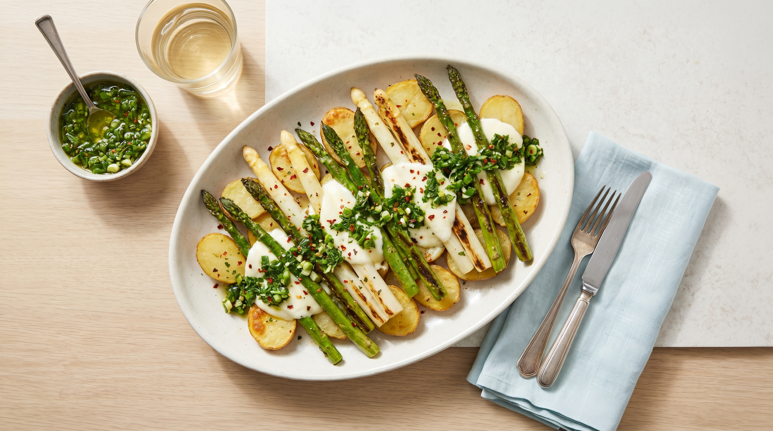 Geroosterde asperge-steaks met bosui-chimichurri en gesmolten mozzarella