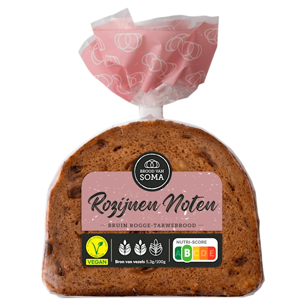 Brood van Soma Rozijnen-Noten rogge-tarwebrood