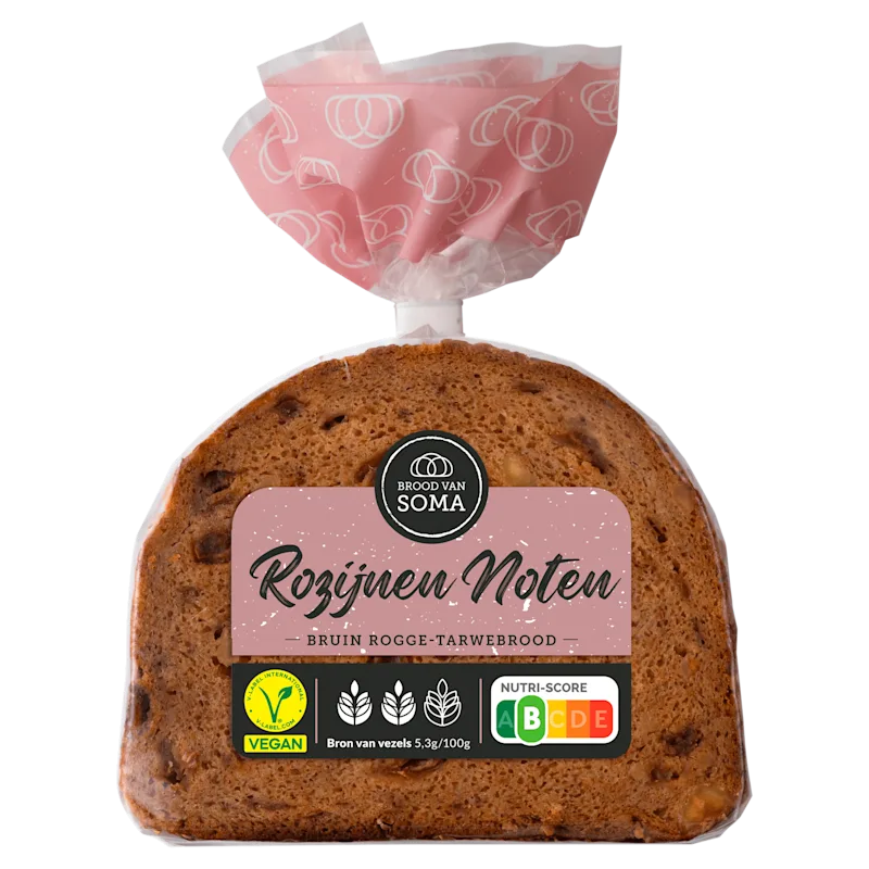 Brood van Soma Rozijnen-Noten rogge-tarwebrood