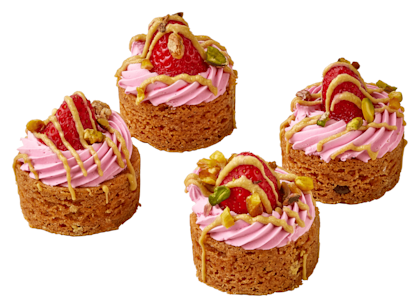 Mini aardbei-pistache gebakjes