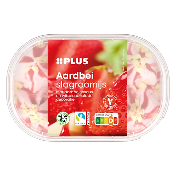 PLUS Slagroomijs aardbei witte chocolade