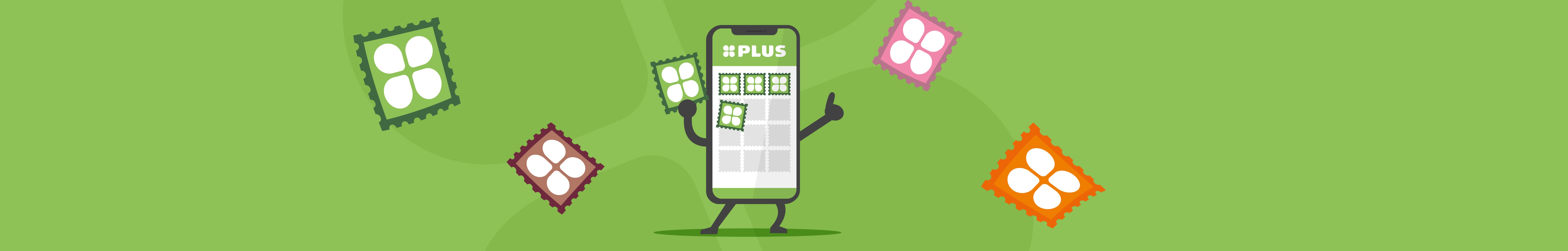 Smartphone PLUS-logo en armpjes en beentjes, met zegels.