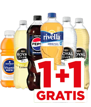 Pepsi, Rivella, Royal Club en Sourcy Vitaminwater, 1+1 GRATIS