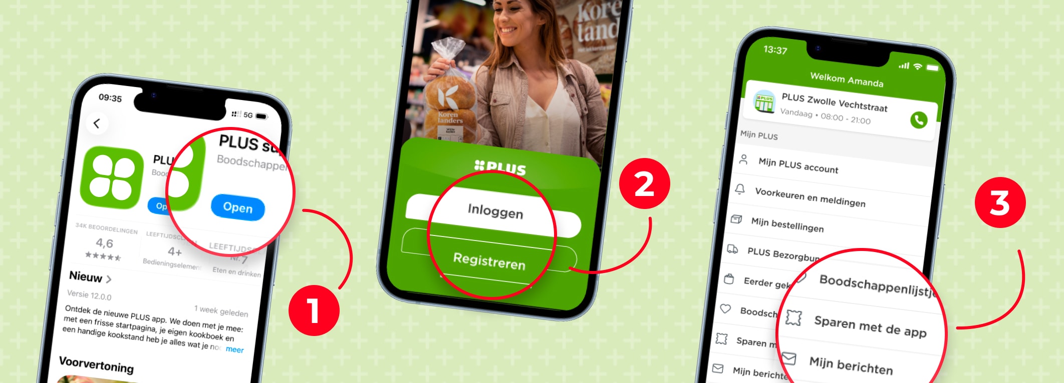 Stap 1, 2 en 3 van sparen met de PLUS app visueel uitgelegd.
