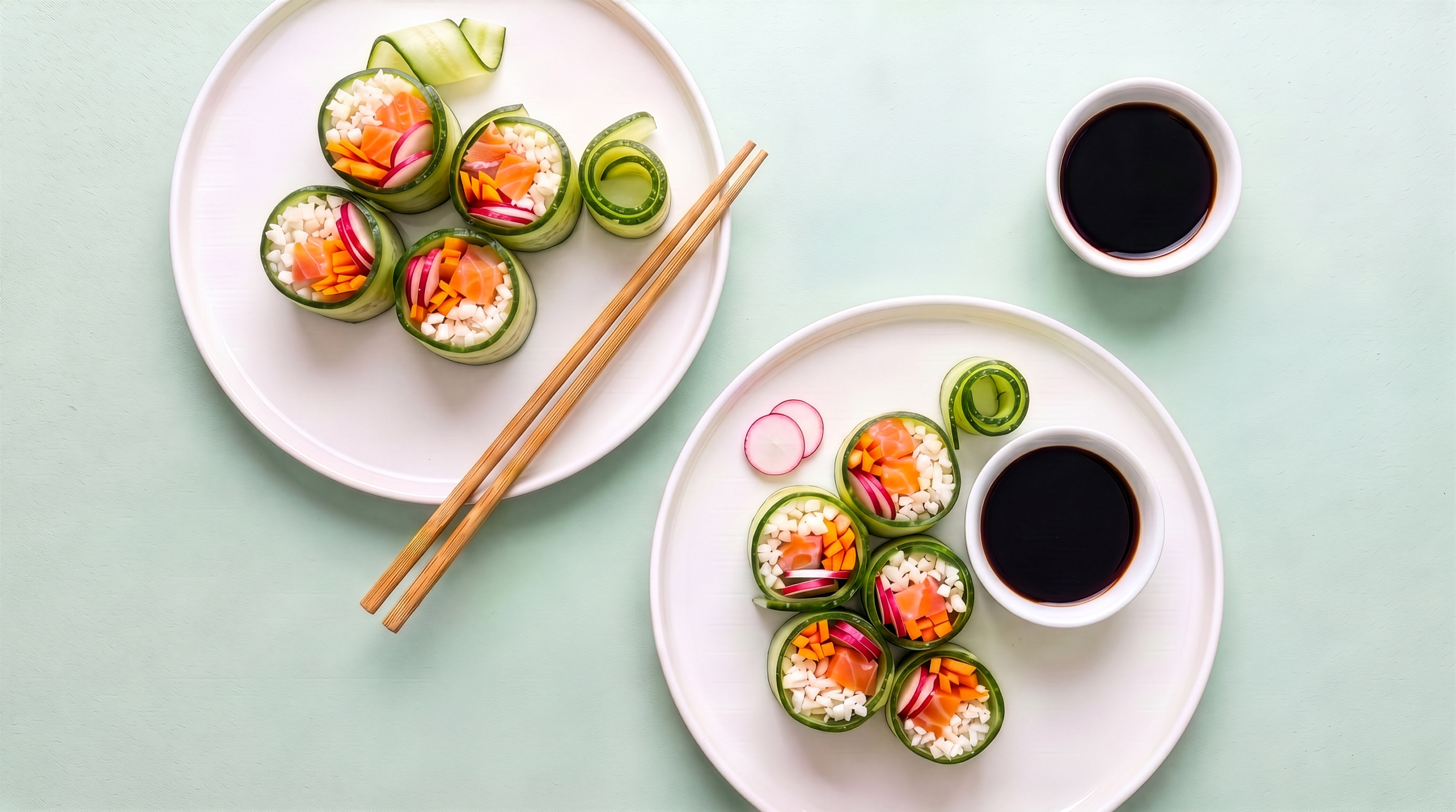 Komkommer sushi met zalm en bloemkoolrijst 