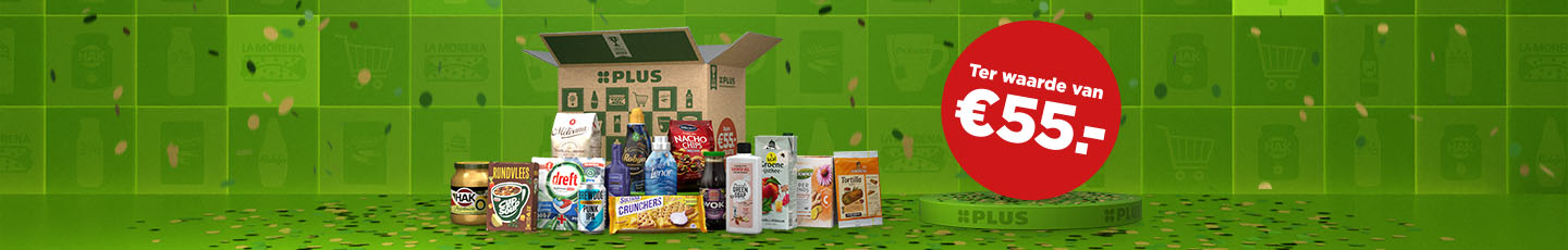 Alle producten uit het PLUS boodschappenpakket, ter waarde van 55 euro.
