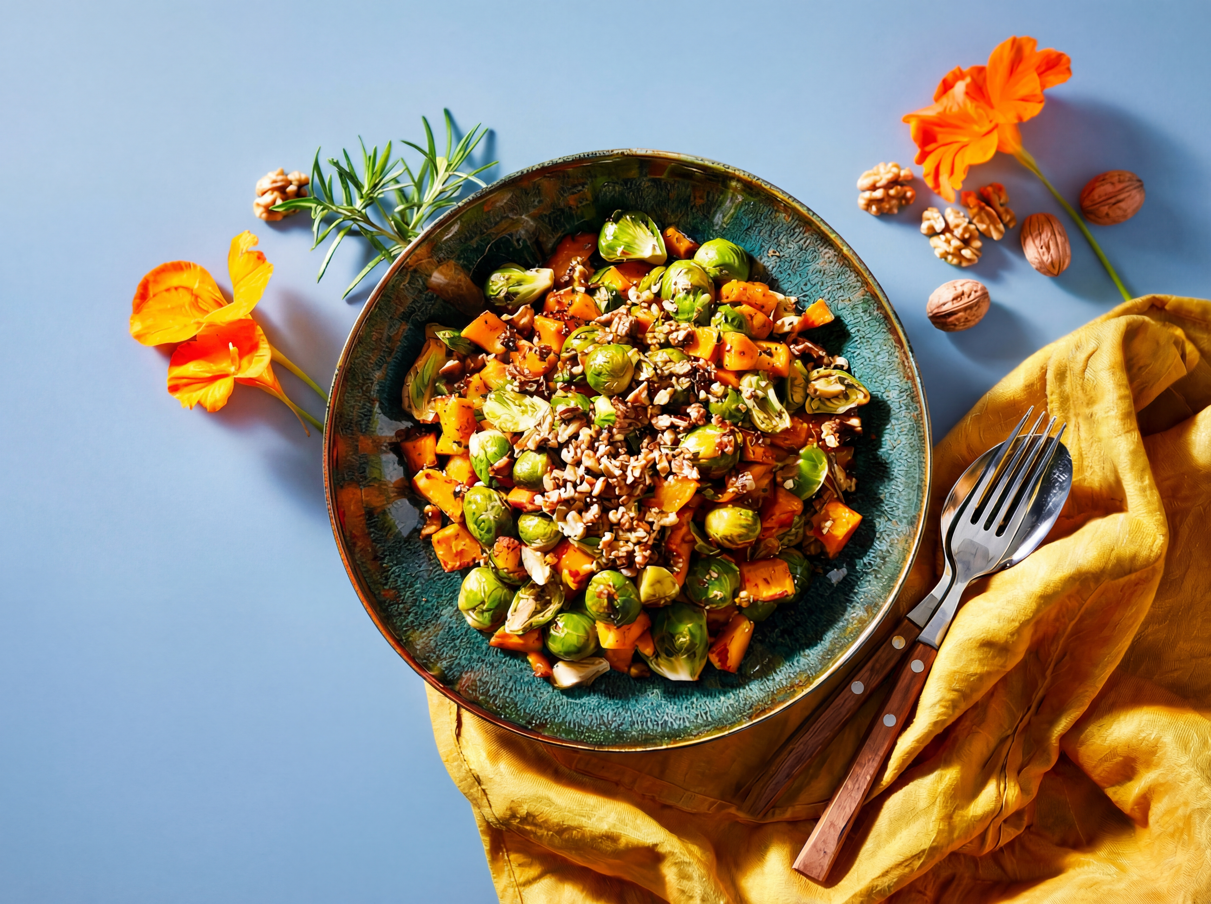 Geroosterde pompoen en spruitjes met walnoot-kruidencrumble