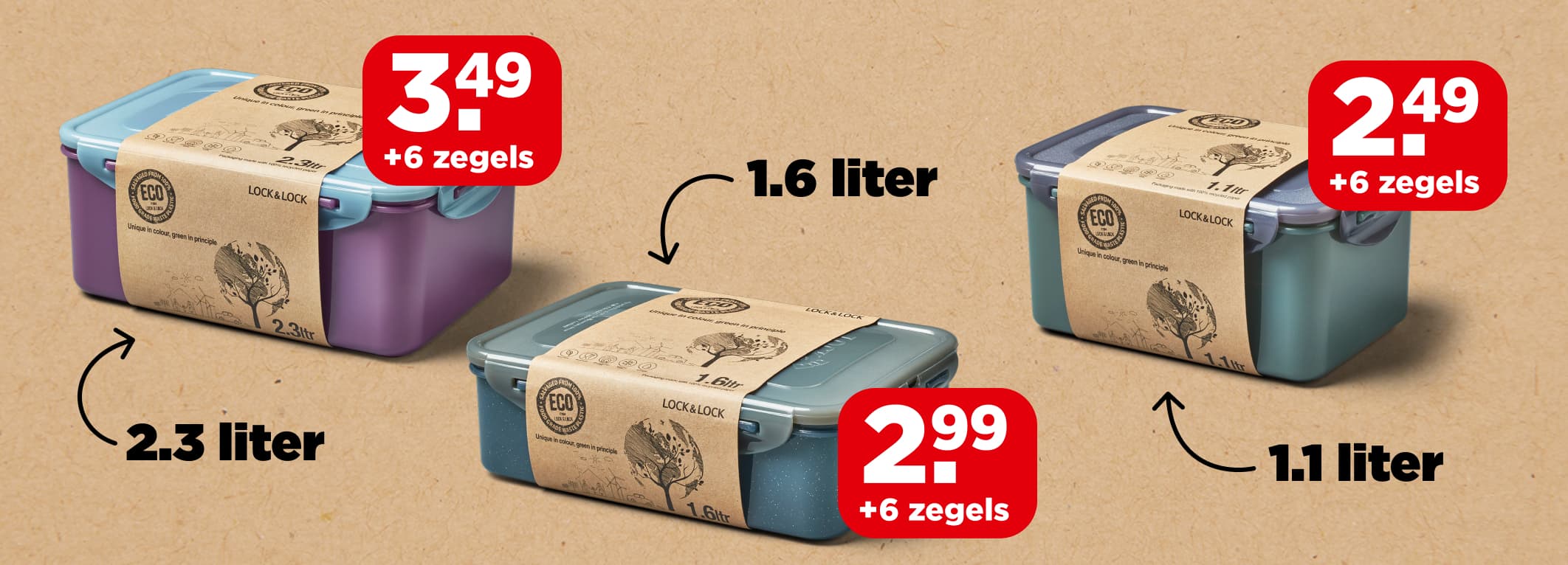 Spaarbakjes van de LocknLock spaaractie van PLUS. Drie formaten vershouddozen met inhoud en prijs: 2,3 liter voor 3,49 + 6 zegels, 1,6 liter voor 2,99 + 6 zegels, en 1,1 liter voor 2,49 + 6 zegels.