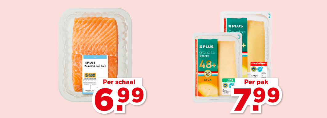 Dinsdag aanbiedingen van zalmfilet per schaal 6.99 en kaas 7.99 per pak.