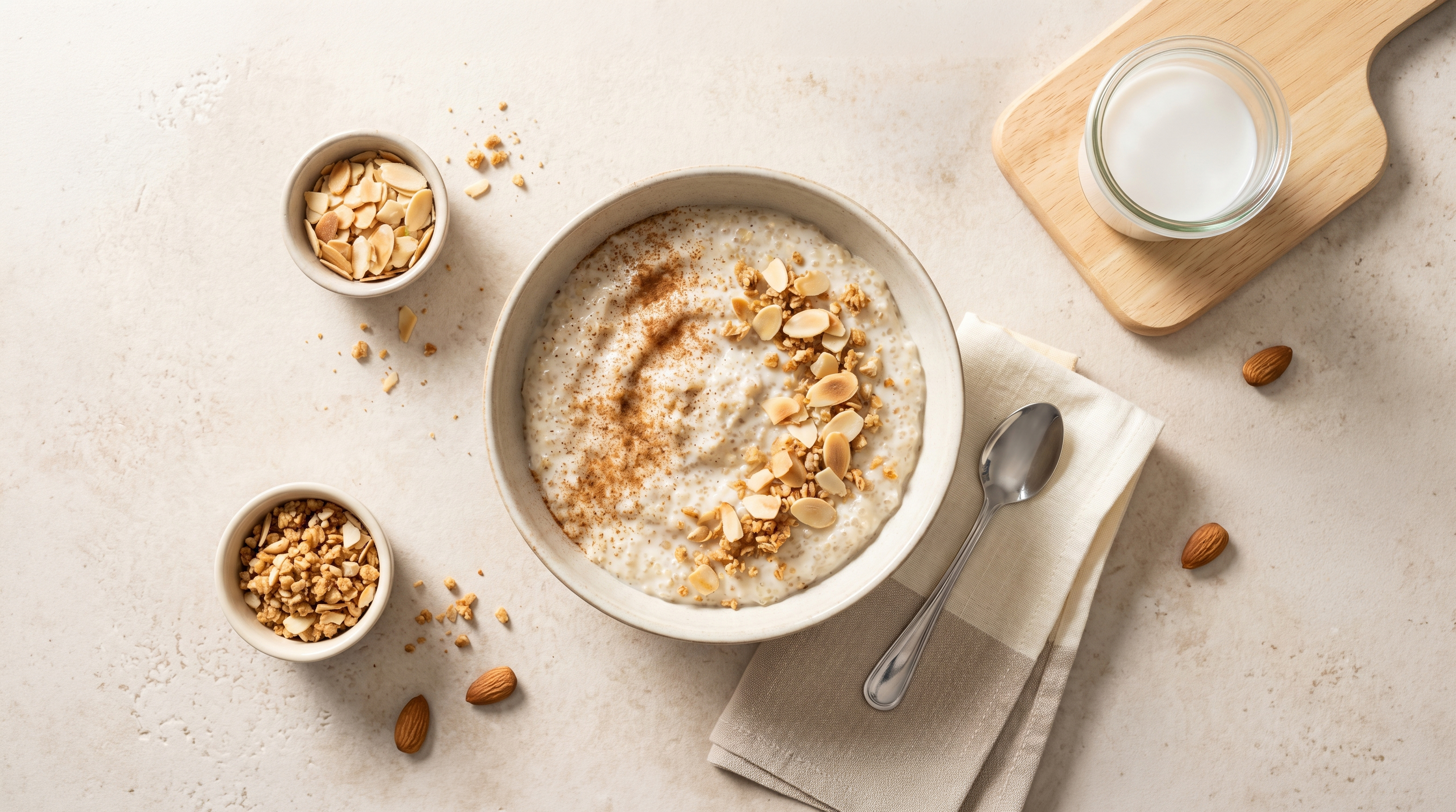 Quinoa-kokos pudding met kaneel en amandelcrunch
