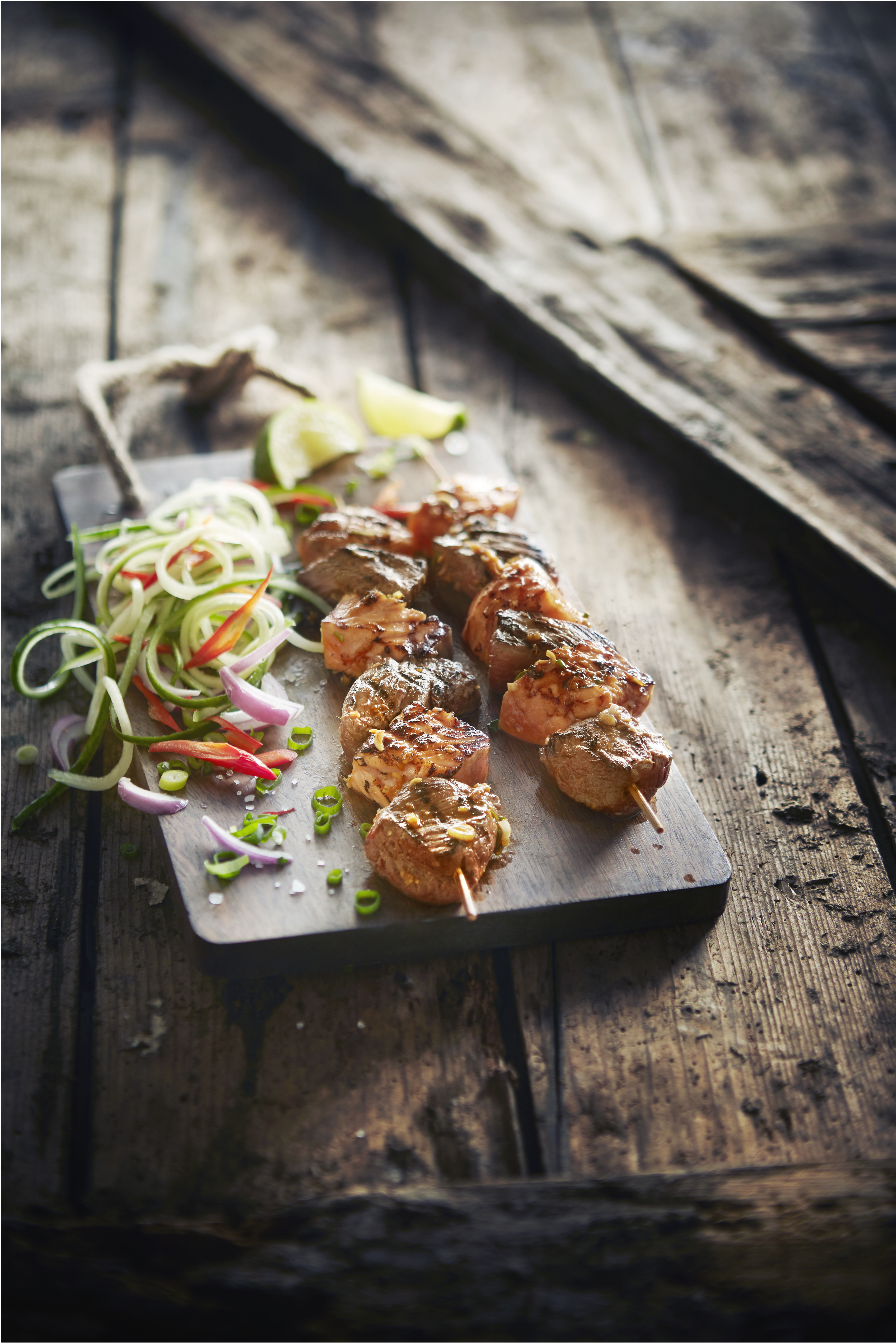 Thaise barbecuespies met biefstuk en zalm