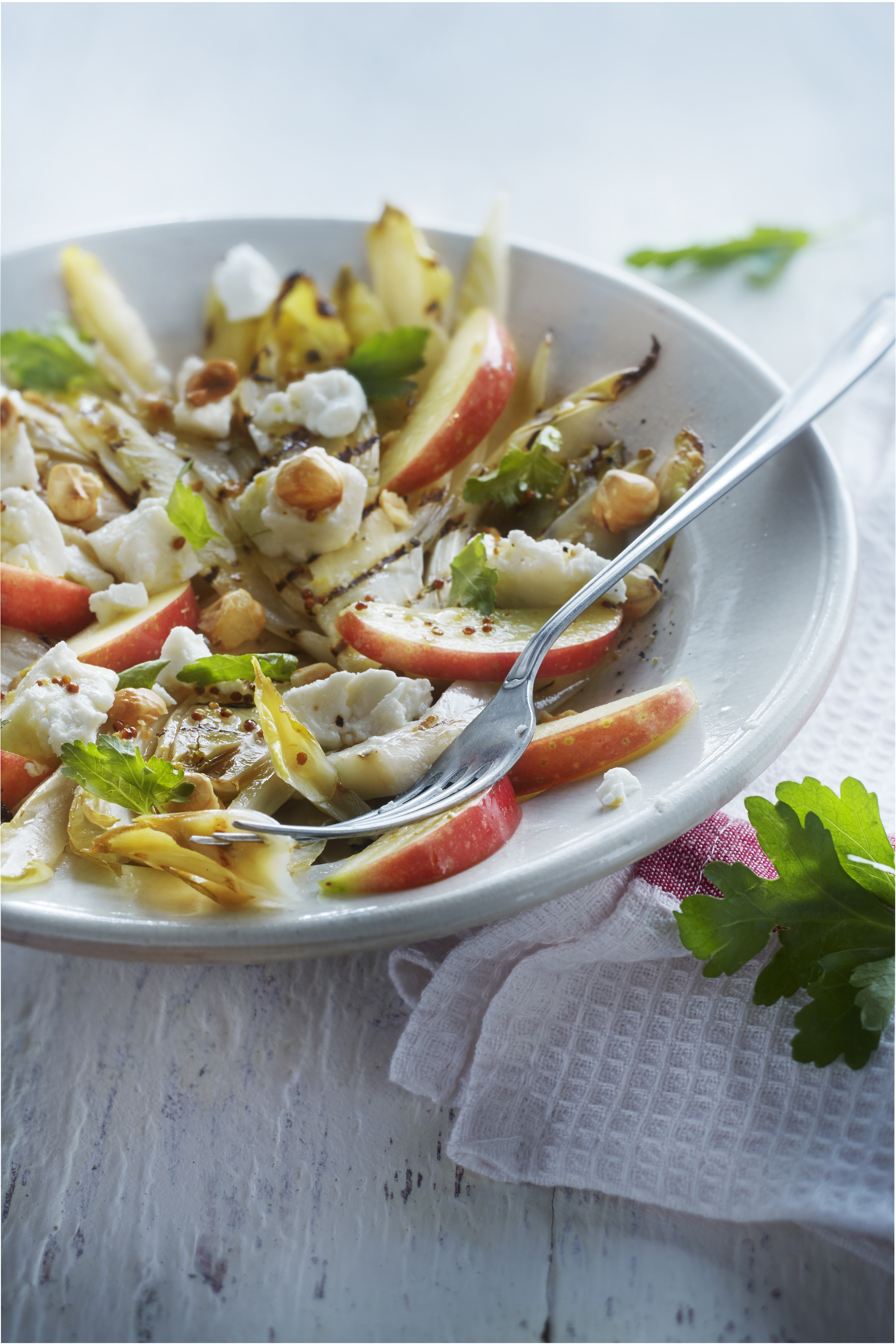 Salade van gegrilde witlof met geitenkaas en appelvinaigrette