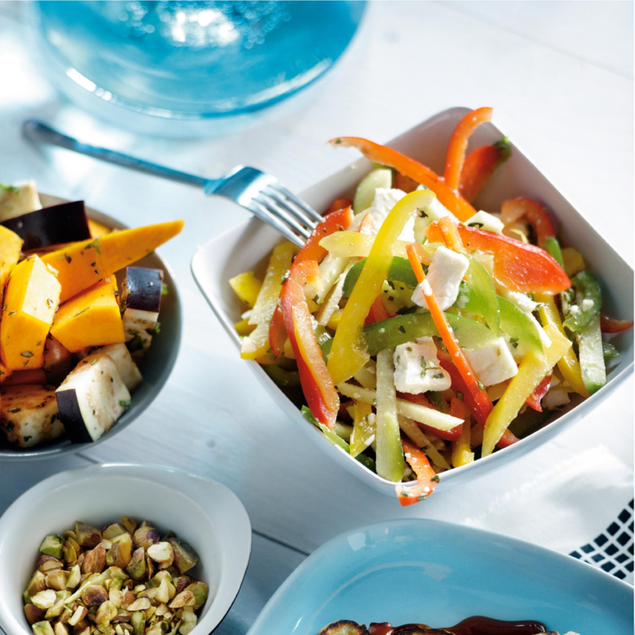 Aubergine en pompoen met feta en pistache