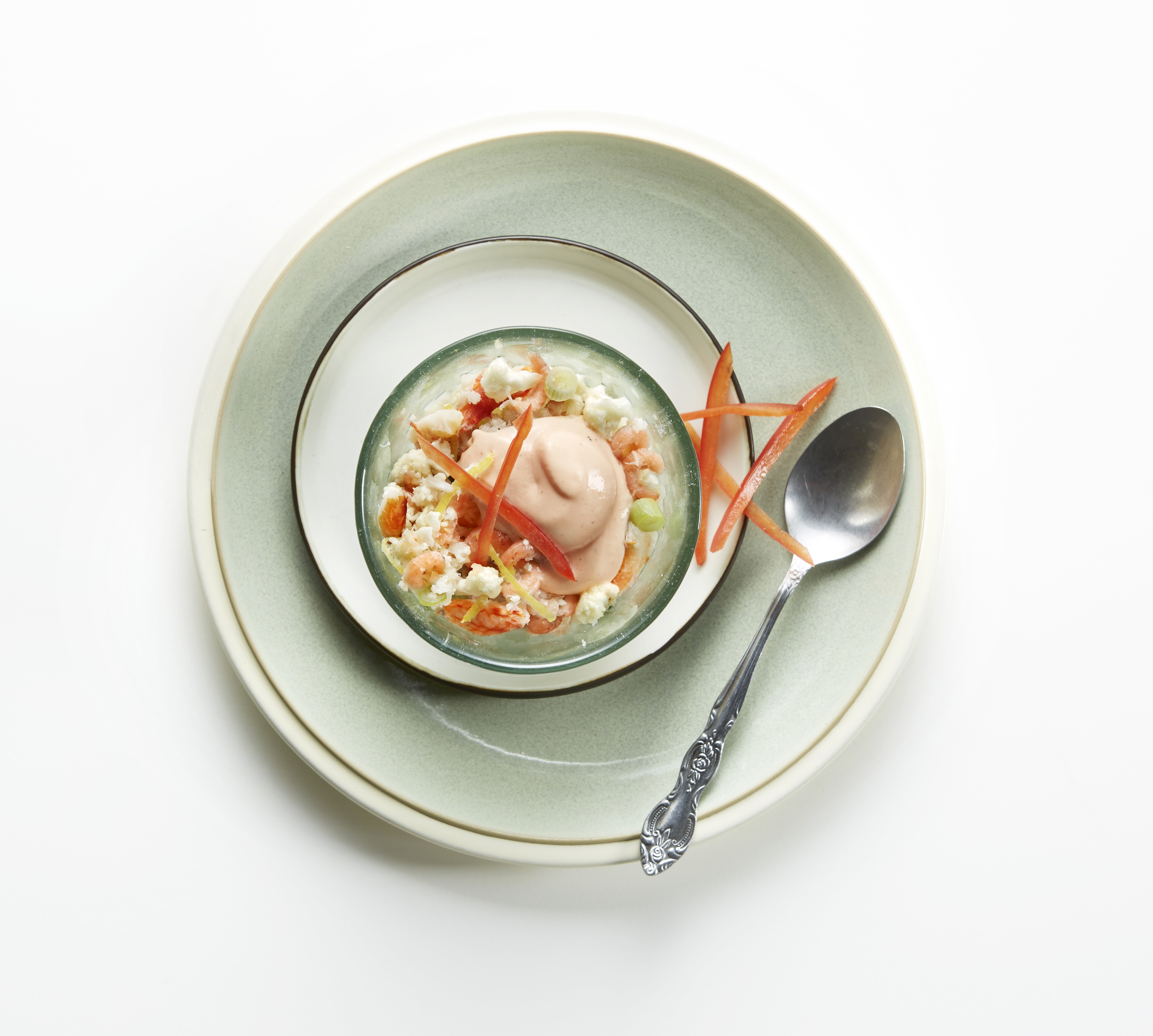 Bloemkooltabouleh met krab en garnalen