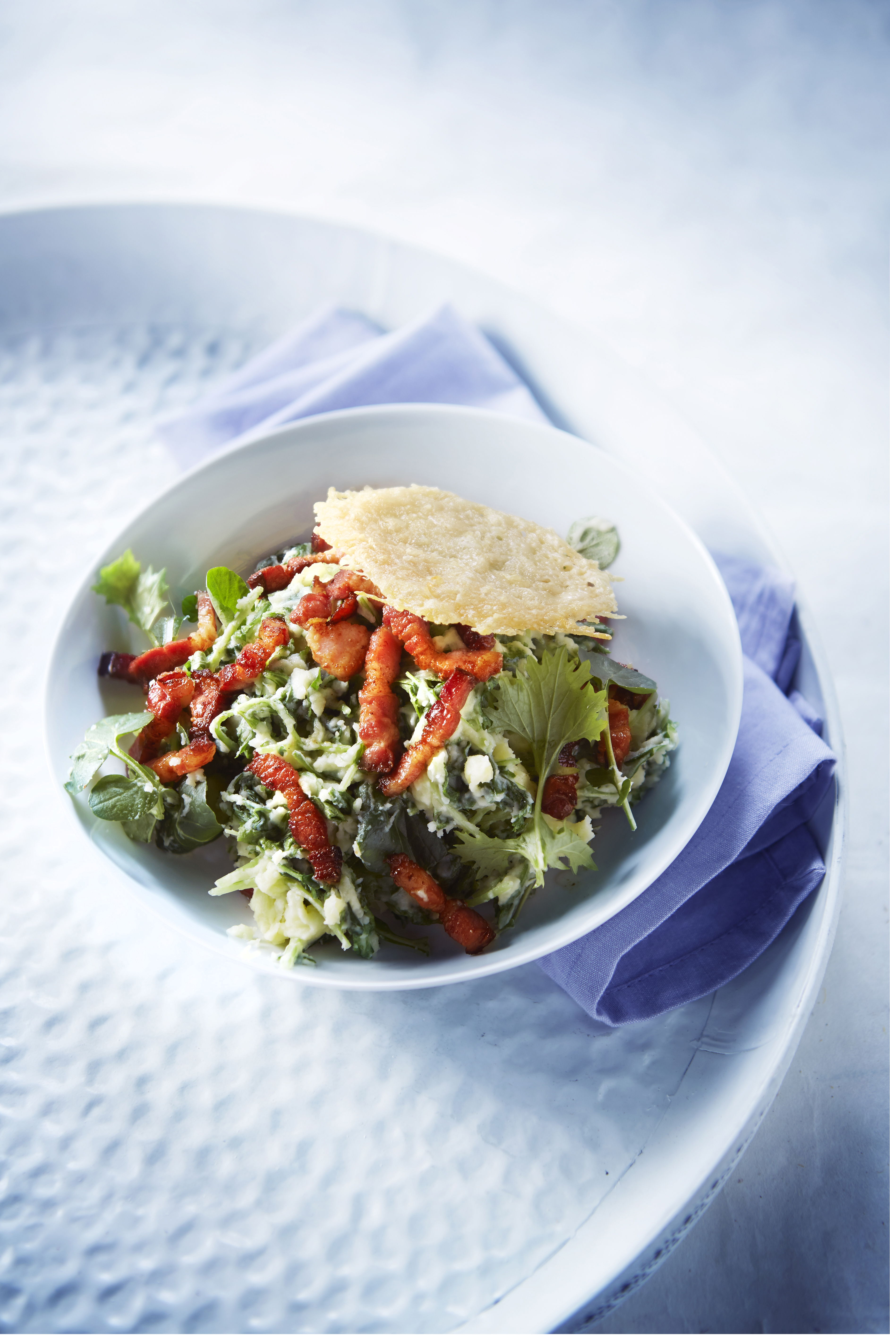 Raapstelenstamppotje met waterkers en kaaswafeltjes