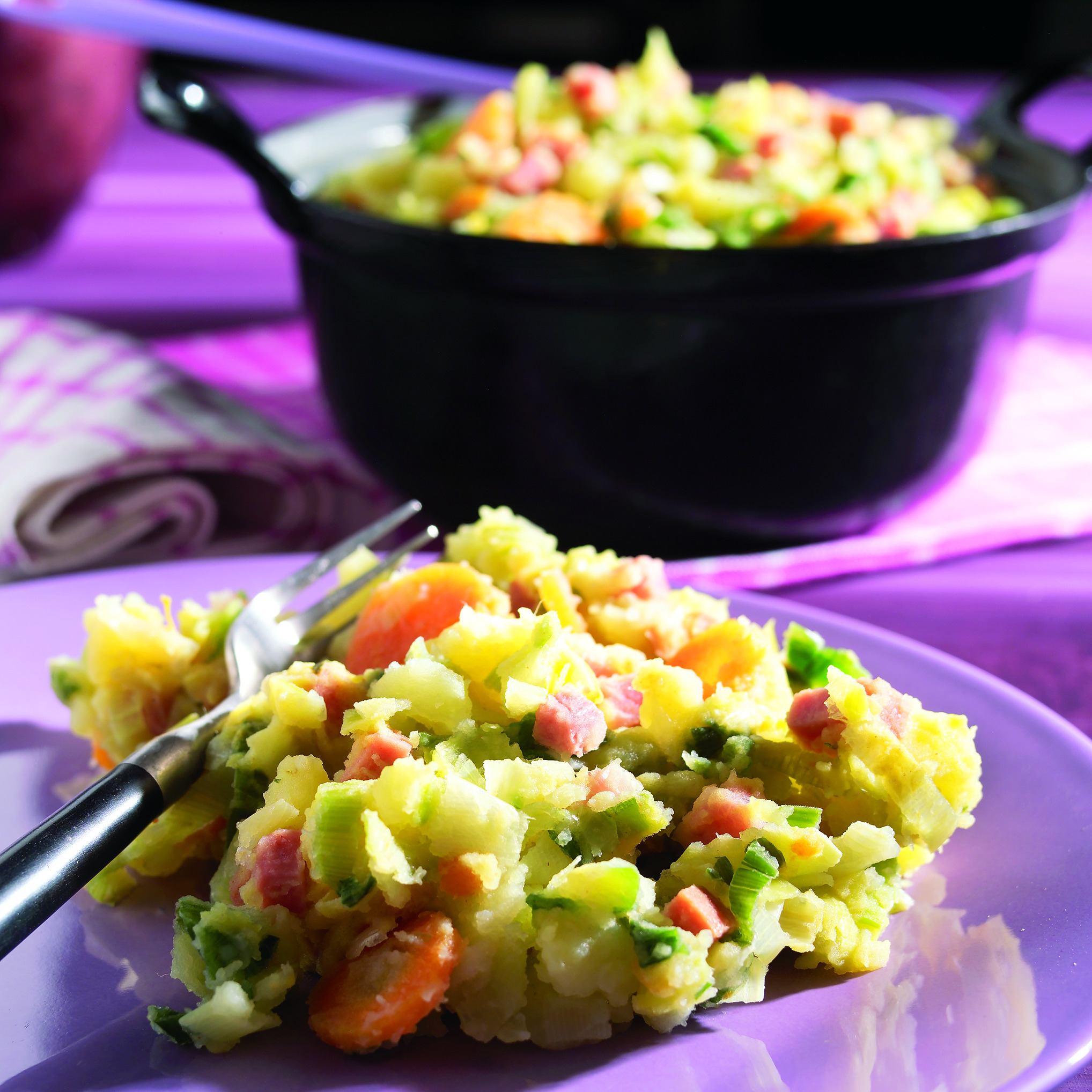 Stamppot prei, wortel en ham