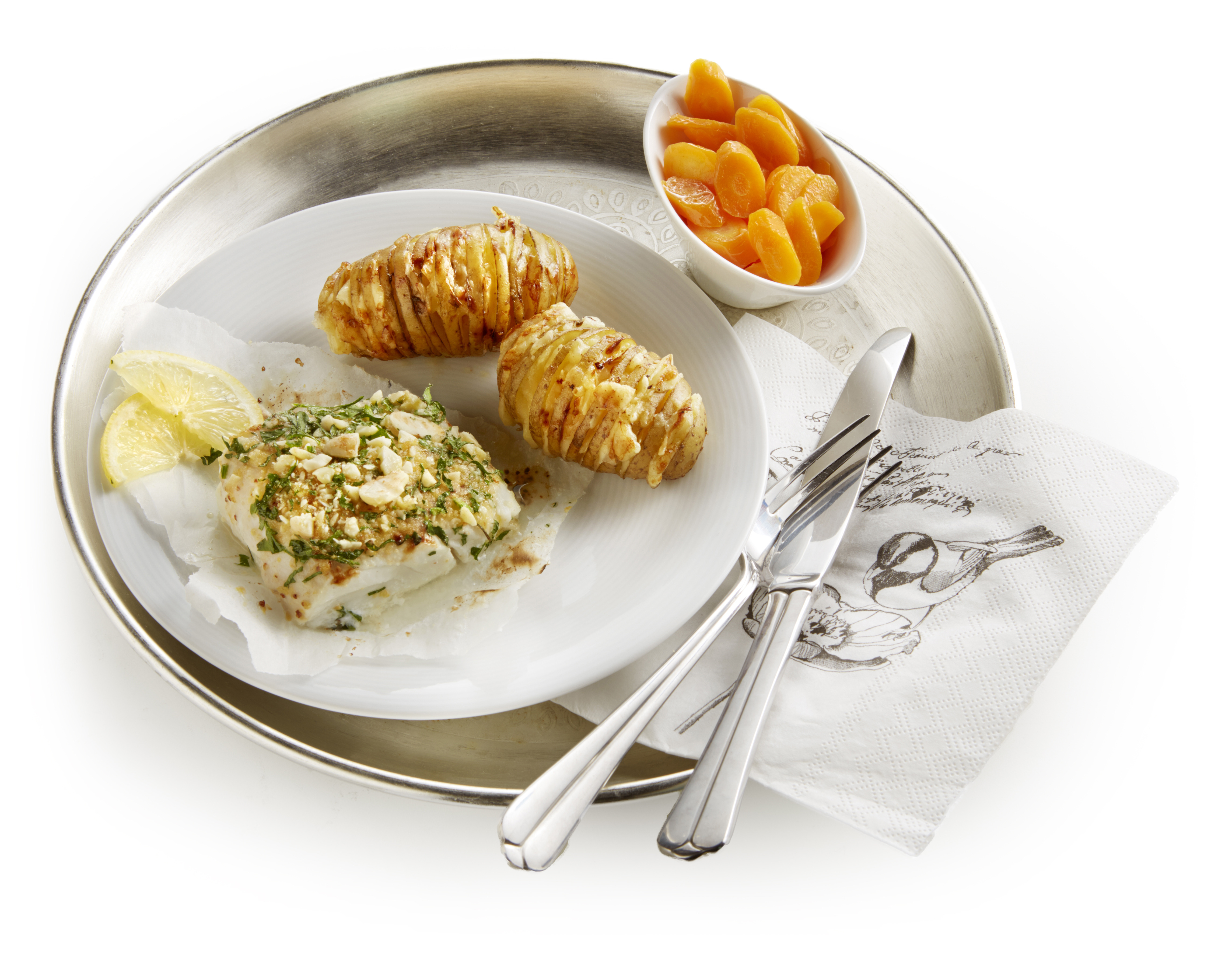 Kabeljauw met amandeltopping en parmezaanaardappels