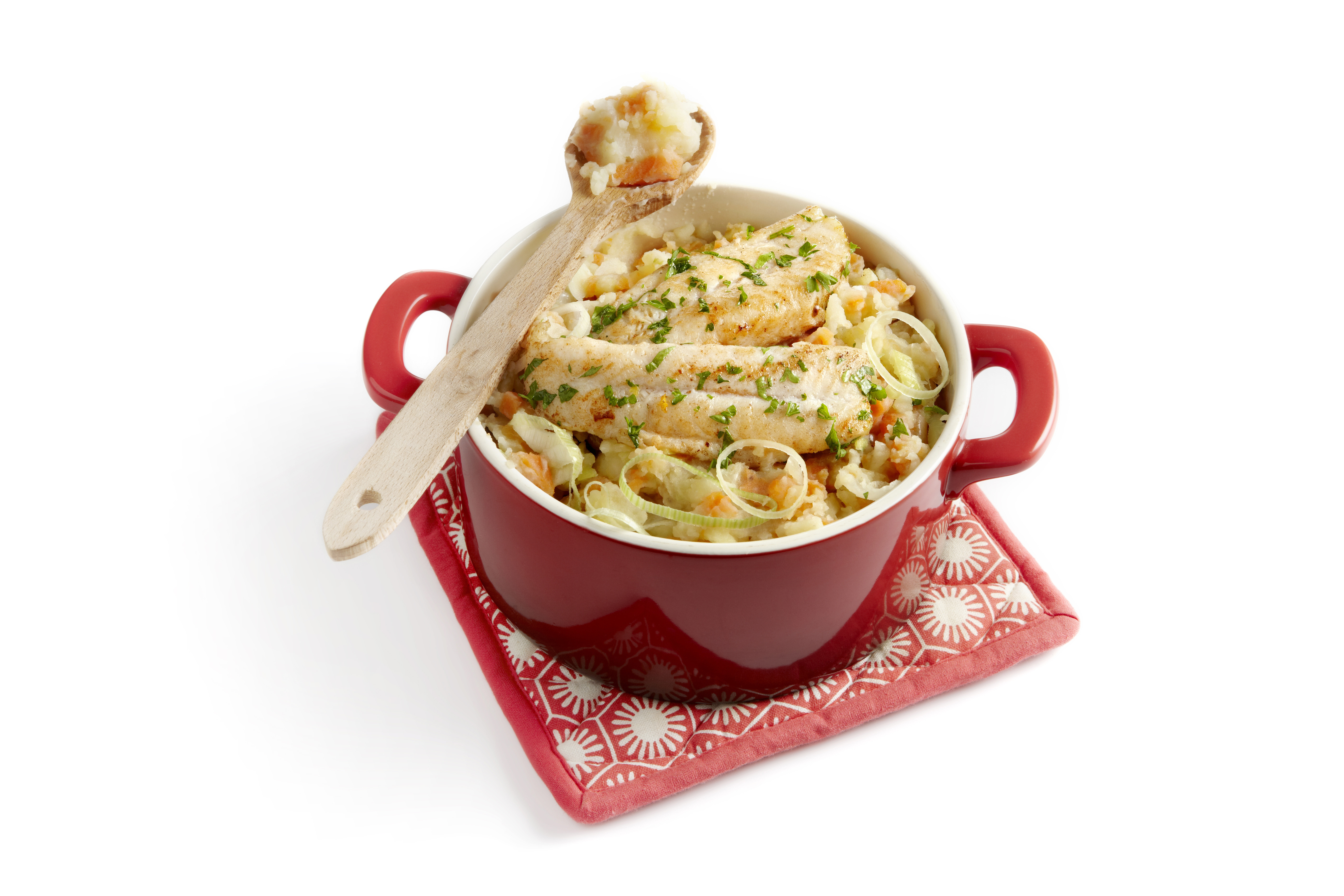 Hutspot met prei en gebakken vis