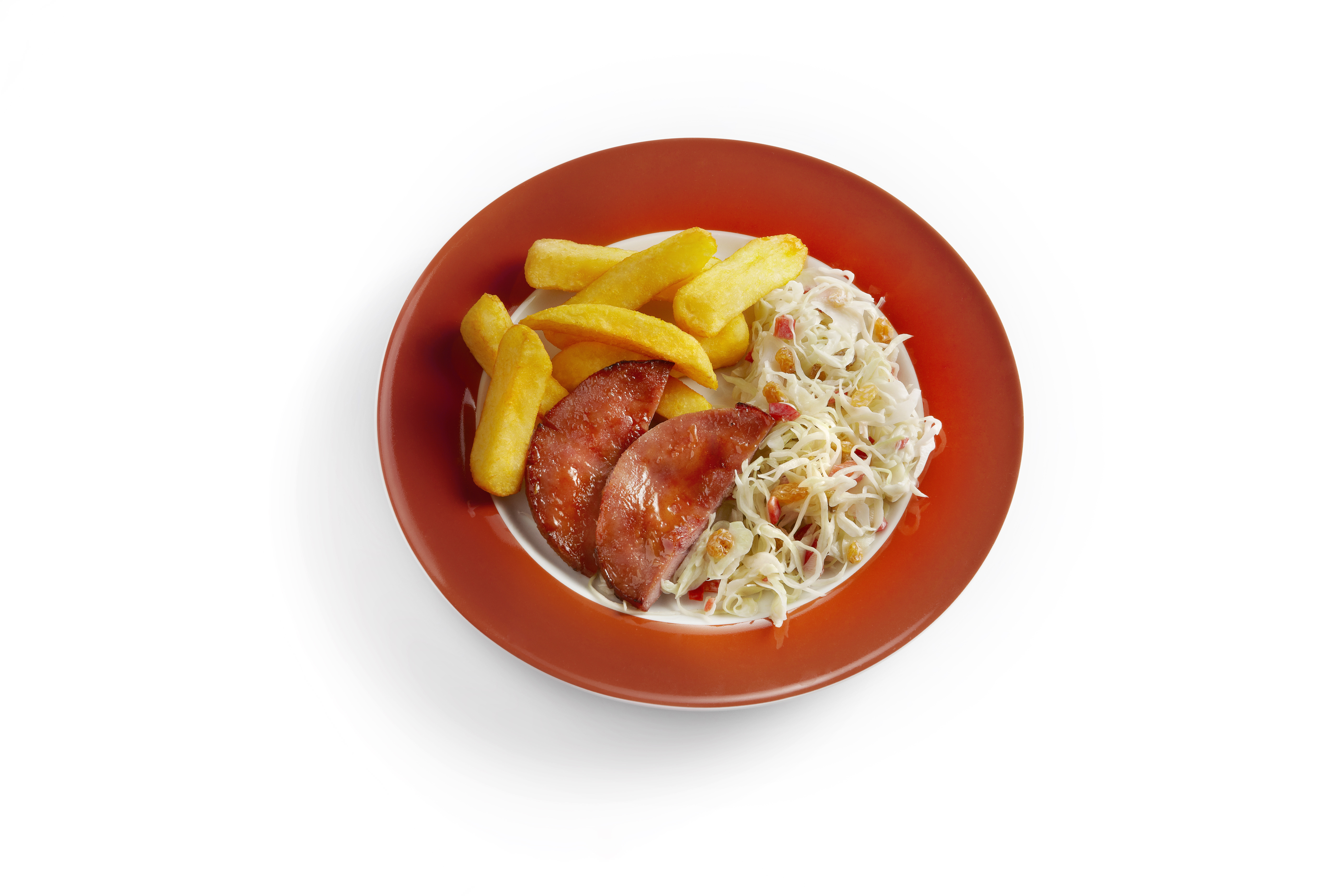 Geroosterde ham met friet en koolsla