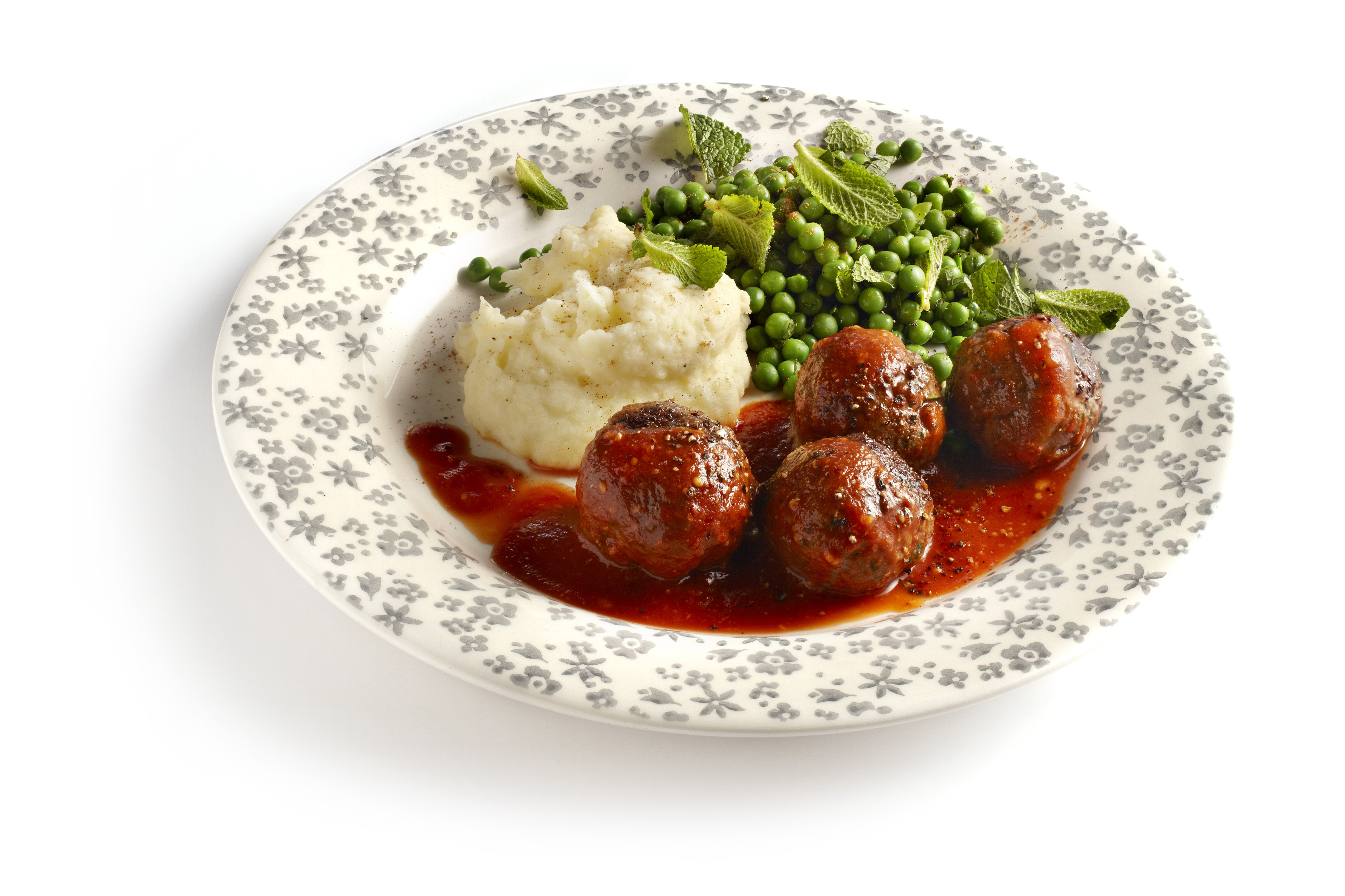 Gehaktballetjes met rozemarijn, munt en knoflookpuree