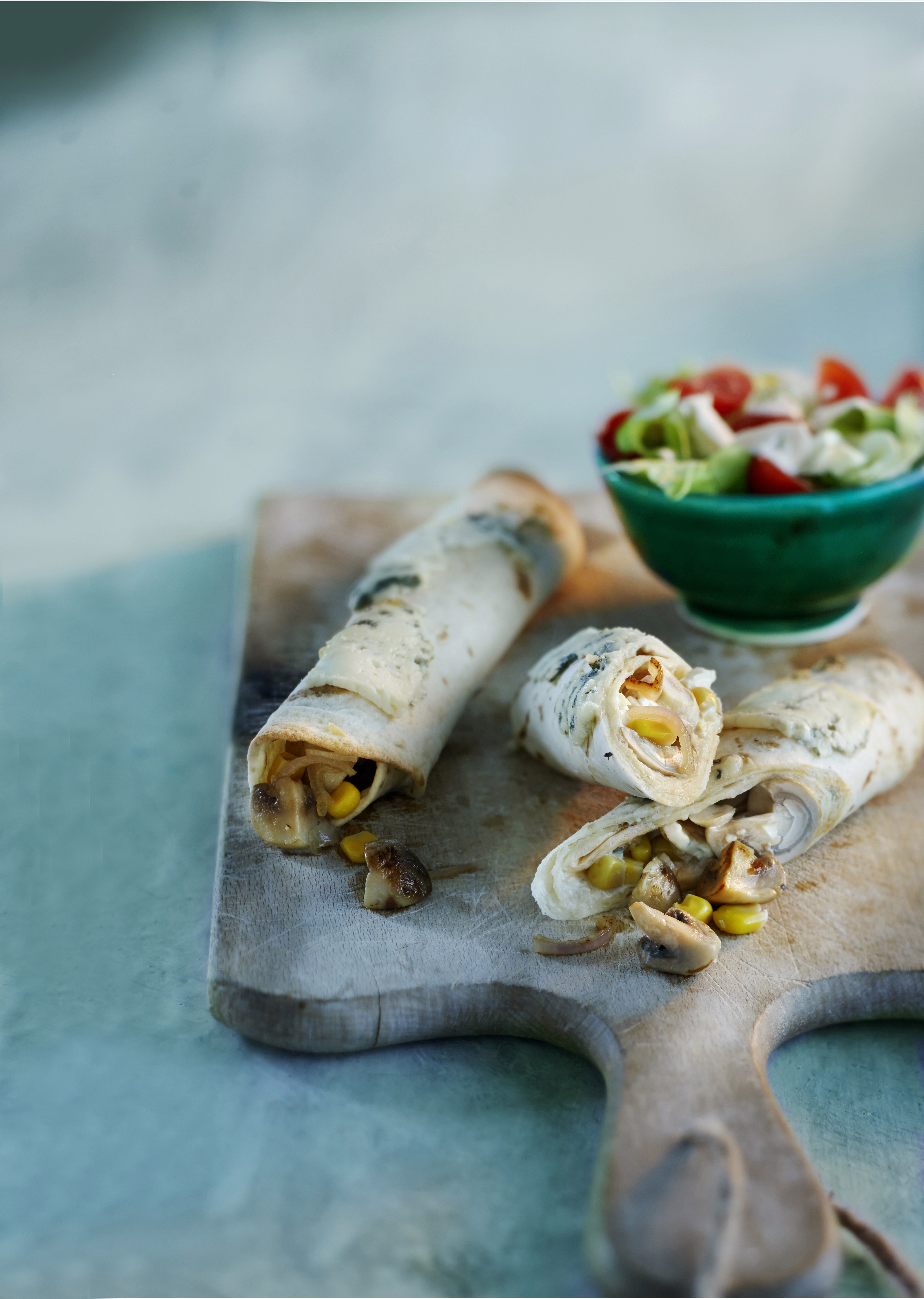 Champignonburrito's met mais en blauwe kaas