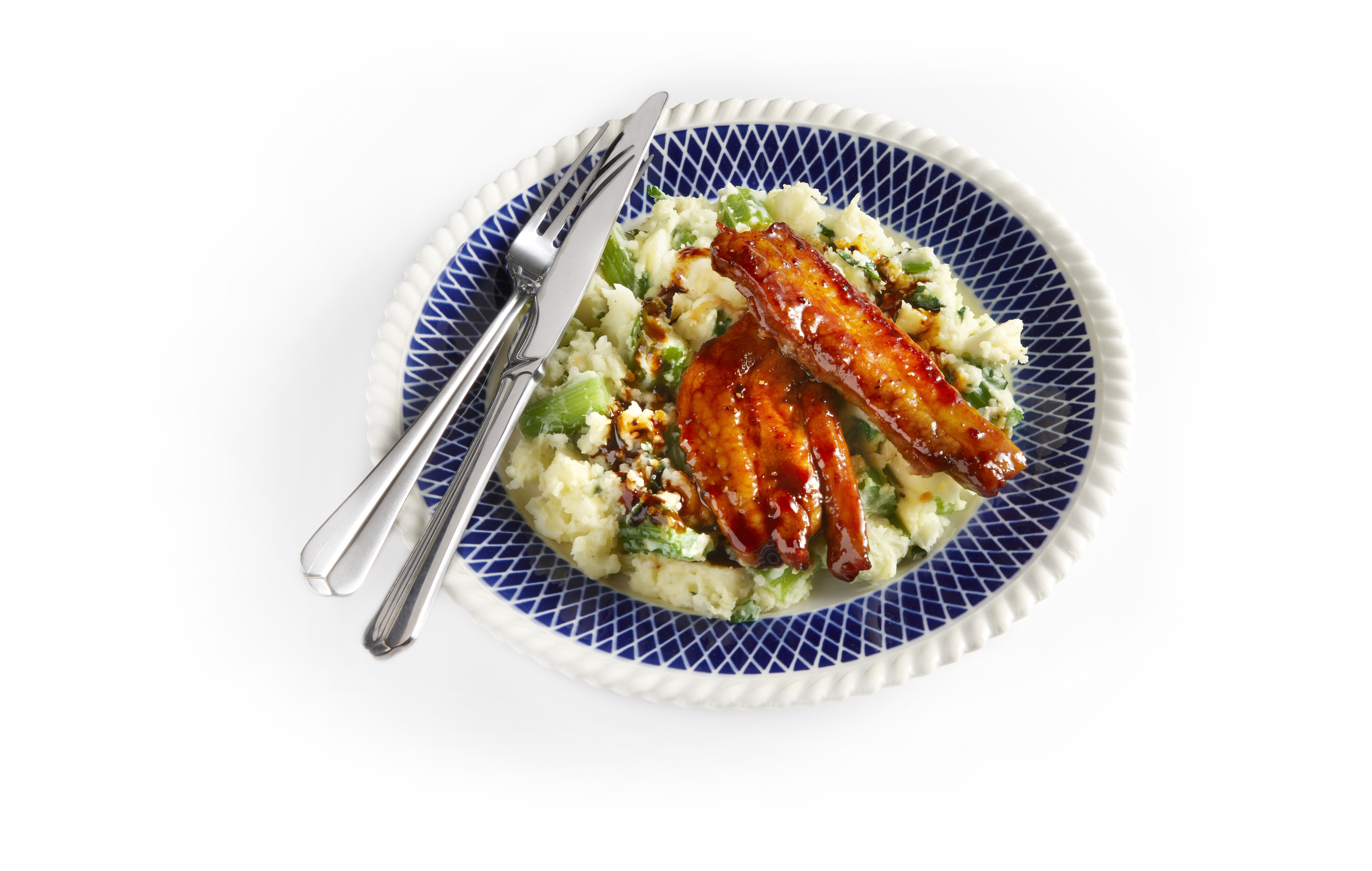 Bleekselderijstamppot met zoete speklapjes