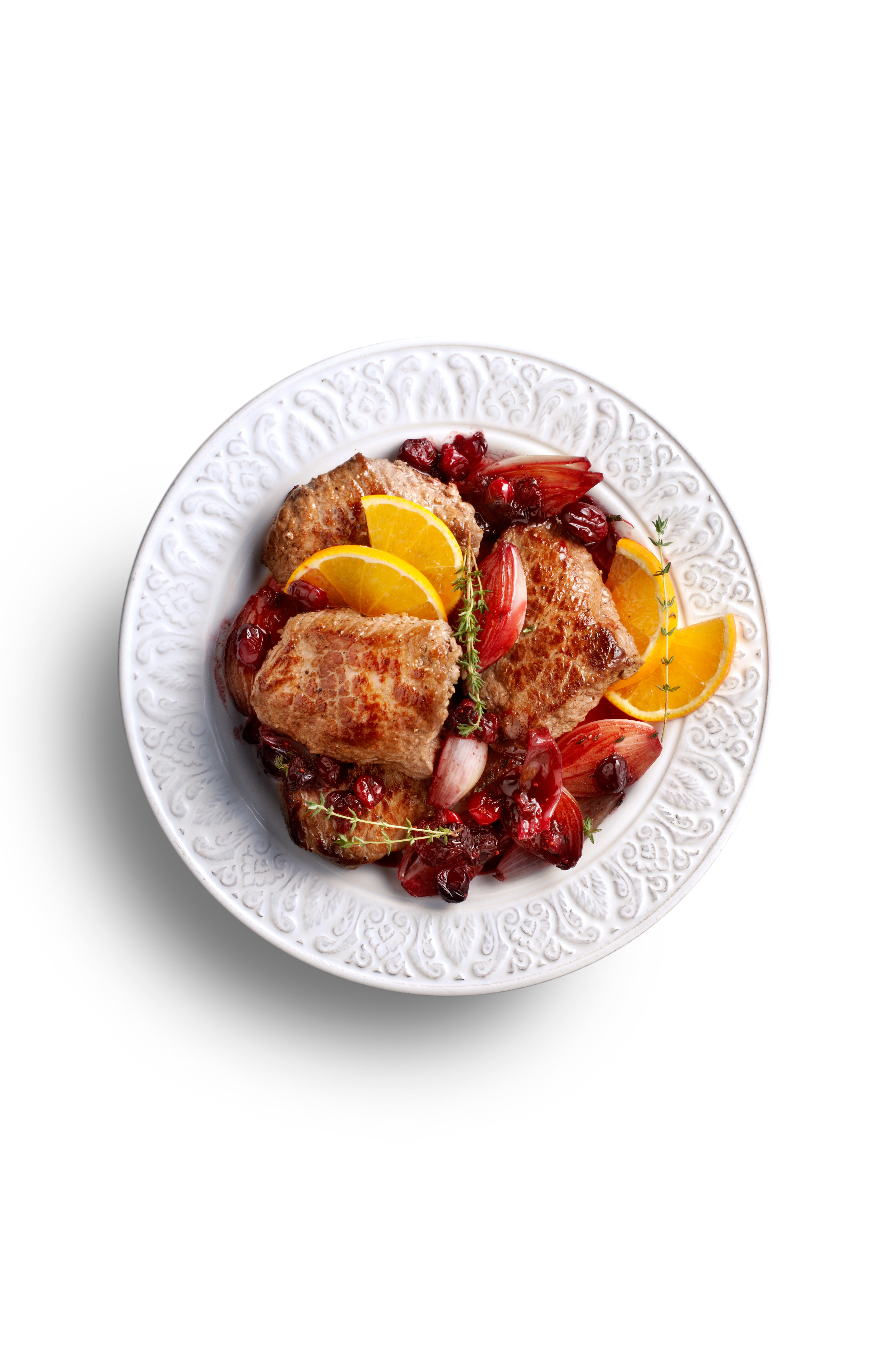 Biefstuk met gekonfijte sjalotjes en cranberry's